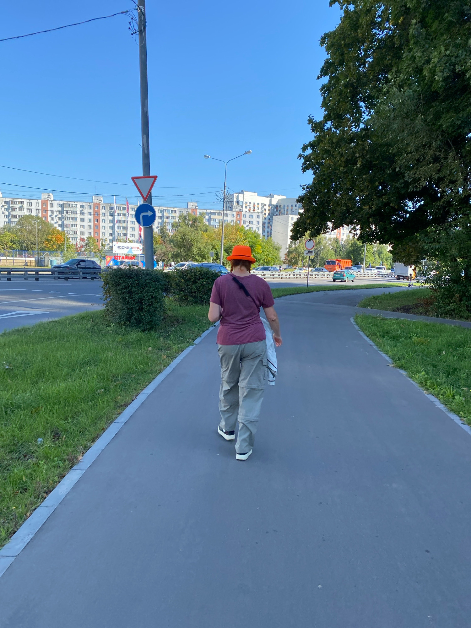 A person wearing an orange hat, a maroon t-shirt, and gray cargo pants walks away from the camera on a paved path. The person is carrying a white bag over their right shoulder. The path is bordered by a grassy area and a road with several cars and buildings in the background. The sky is clear and blue. There is a traffic light pole with signs and a large tree on the right side of the image. The scene appears to be in an urban environment.