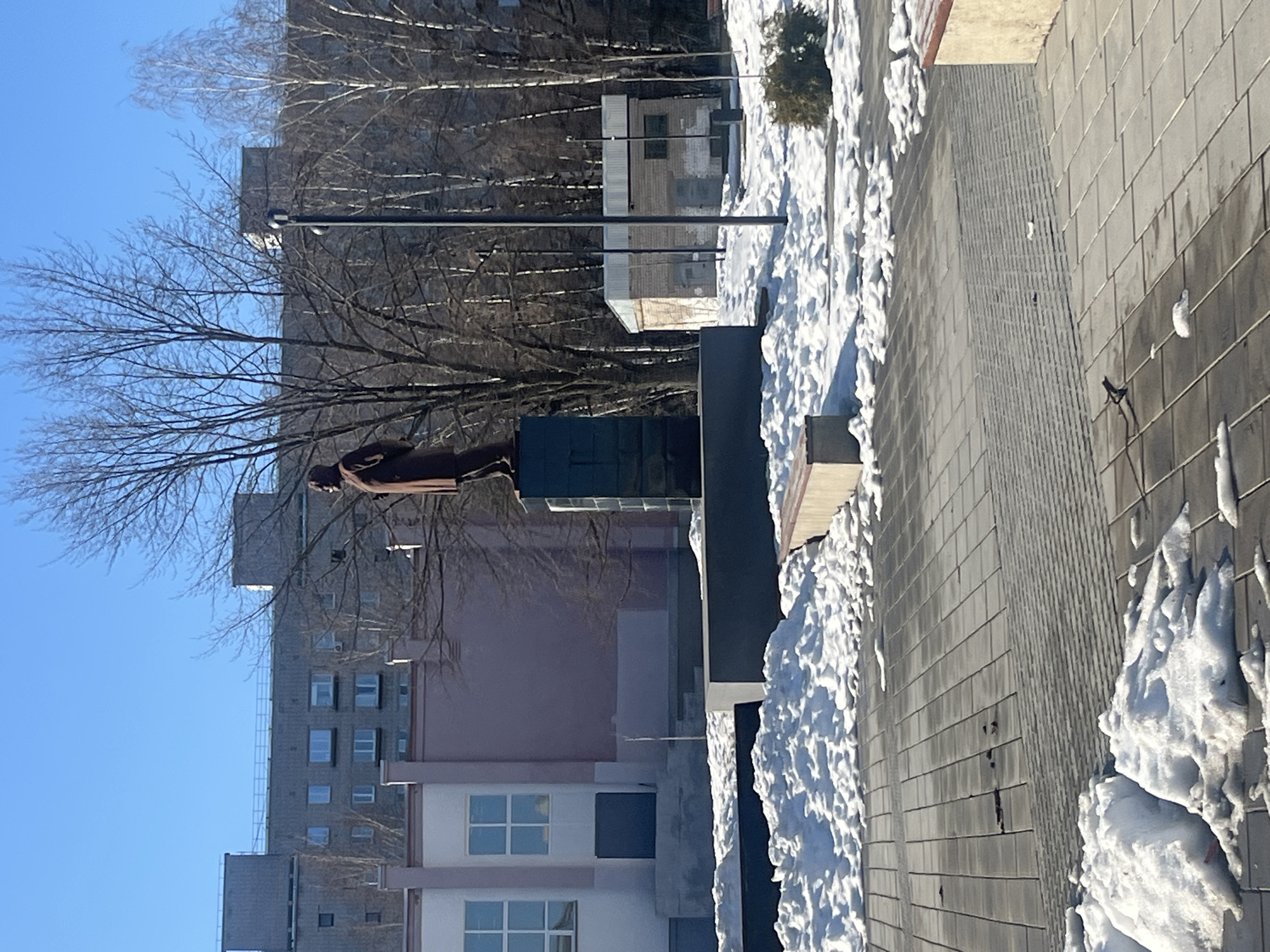 The image depicts the Monument to Nikolai Ostrovsky in Chaikovsky, Perm Krai, Russia. The bronze statue of Ostrovsky stands on a gray stone pedestal. A multi-story building with a white and pink facade is visible behind the monument, and a taller gray apartment building rises further in the background. Bare tree branches frame the monument against a clear blue sky. The foreground shows a paved area covered with patches of snow and ice. A light pole is visible above the monument.