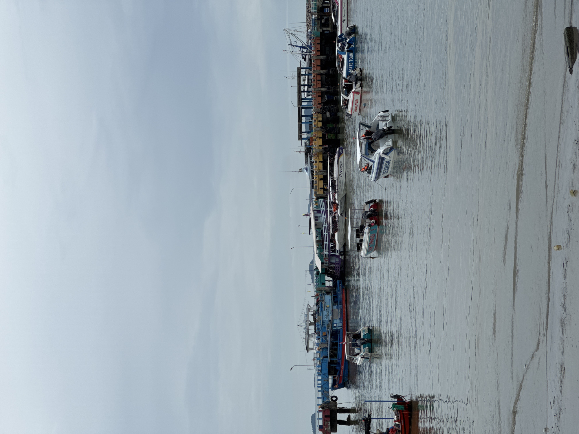 The image depicts the Ban Phe pier area in Rayong province, Thailand, under an overcast sky. Several boats are docked or anchored in the water. In the foreground, the muddy shore is visible with a small amount of water lapping at its edge. A red fishing boat is partially visible on the far left. Further back, a large blue and red ferry is moored alongside a dock. Numerous smaller speedboats, some with multiple outboard motors, are scattered throughout the scene. These speedboats are predominantly white with colored accents, and many have the word "TOUR" or other inscriptions on their sides. The pier itself is a multi-level structure with various buildings and cranes visible. The water is calm, reflecting the cloudy sky. No people are clearly discernible in the image, though life vests are visible on some of the speedboats.