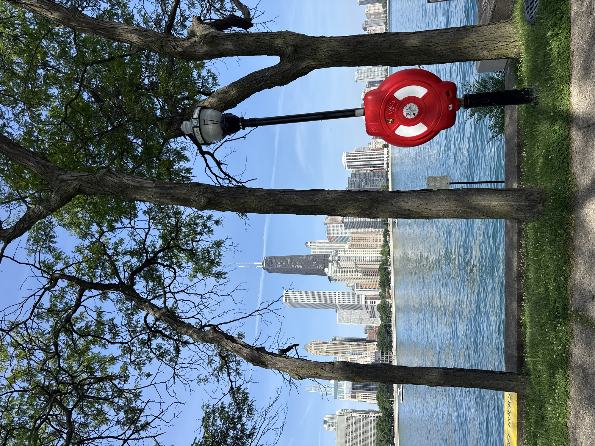A photograph captures a section of Chicago's waterfront on a clear, sunny day, with the city's iconic skyline visible in the background. In the foreground, the image is framed by the branches and trunks of two large trees, their leaves creating dappled shade.
A prominent red life preserver station is mounted on a black pole extending from a lamppost, which is partially obscured by the trees. The life preserver has a white circular insert with what appears to be instructions or symbols.
Beyond the trees and the life preserver, the bright blue water of Lake Michigan stretches out, reflecting the clear sky and the city's architecture. The Chicago skyline, featuring numerous skyscrapers, including the distinctive John Hancock Center, rises majestically from the water's edge. The buildings are illuminated by the sun, and a few wispy clouds are present in the sky.
To the right of the life preserver, a paved pathway runs alongside the water, bordered by a strip of green grass. A yellow sign with black text is partially visible on the ground near the pathway. The overall impression is one of a pleasant day in a public park, offering recreational access to the lake with safety measures in place. The scene suggests a public space designed for enjoyment and safety by the water. The orientation of the image is portrait.