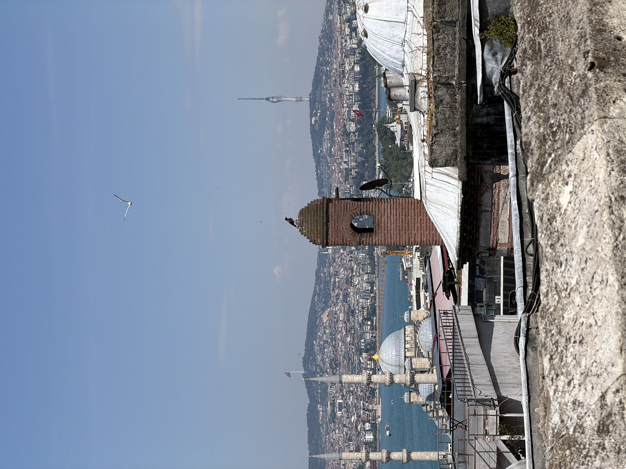 The image captures a panoramic view of Istanbul, Turkey, from an elevated vantage point, looking across a body of water towards a distant cityscape under a bright, clear blue sky.
In the immediate foreground, a textured stone wall runs along the right side of the frame, partially revealing a rooftop area with visible utilities such as pipes, wires, and some sparse vegetation. A brick structure with an arched window and a sloped roof is prominent on the rooftop, with a dark bird (likely a crow or raven) perched on its highest point. A satellite dish is also visible on this rooftop.
Further into the midground, the architectural splendor of a large mosque complex, strongly resembling the Süleymaniye Mosque, is visible with its multiple grey domes and slender minarets situated along the water's edge. The shimmering blue water, likely the Golden Horn or Bosphorus, has several small boats navigating its surface. Across the water, a densely populated urban area covers a rising hillside, characterized by numerous buildings. A prominent, modern communication tower, the Çamlıca Tower, stands tall on a distant hill, an identifiable landmark. A Turkish flag can also be seen flying on a flagpole on the far side.
In the clear blue sky above, a white seagull is captured mid-flight. The scene is bathed in bright daylight, indicating sunny and fair weather. The identifiable architectural styles, the distinct body of water, and the recognizable landmarks firmly place the location in Istanbul. No visible text is present in the image.