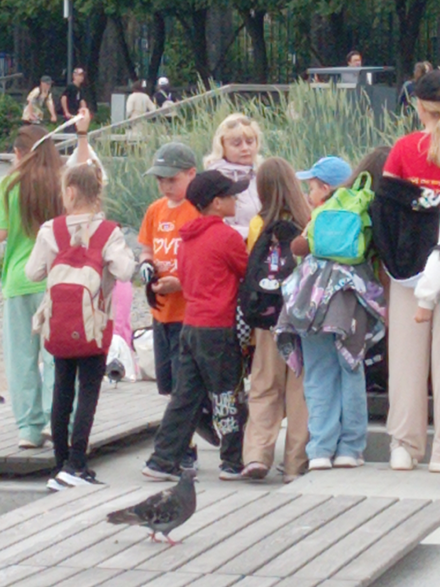 A group of people, including children and adults, are gathered on a wooden boardwalk in an outdoor urban setting. The individuals are dressed in casual clothing, and some are carrying backpacks. The environment appears to be a park or a public recreational area, with trees and foliage visible in the background. The scene suggests a casual gathering or outing, possibly during the daytime, given the lighting conditions. The people are standing or walking, and their interactions are not clearly defined due to the distance and quality of the image. The overall impression is one of everyday life in a city.