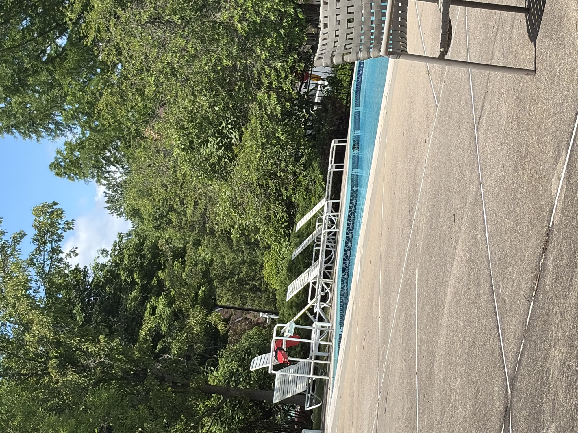 The image depicts a swimming pool located outdoors, with a row of white lounge chairs beside it. Lush green trees surround the pool area. In the background, there are hints of buildings partially obscured by the greenery. The pool itself has a blue tiled edge. The location is likely within the city of Edison, United States of America, based on the prompt. The environment is sunny, and the scene appears to be serene and recreational. No people are visible in the image.