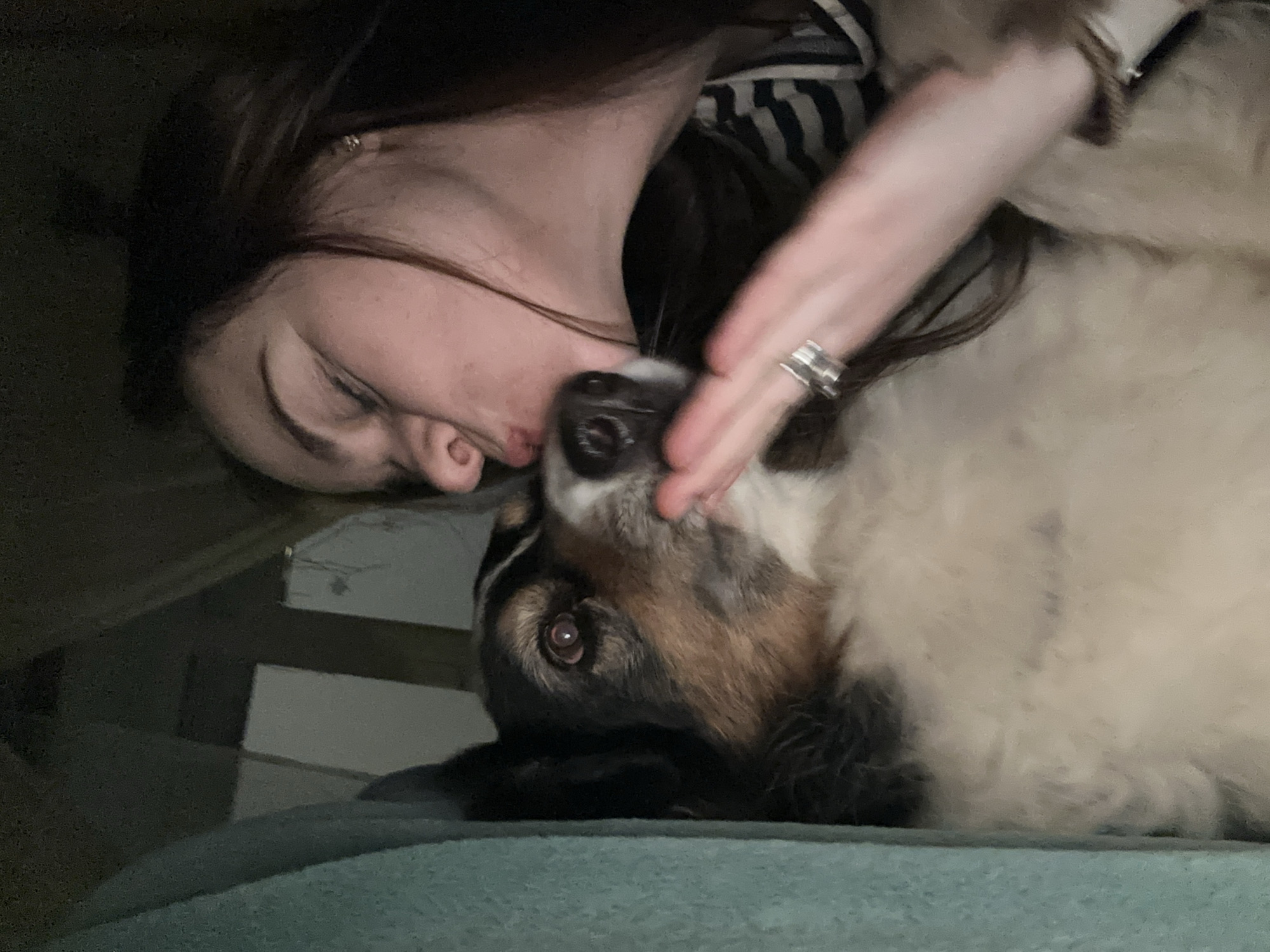 A woman with dark hair is lying on her side, embracing a dog. The dog is lying on its back and is mostly white with tan and black markings. The woman is wearing a ring on her hand and is close to the dog's face. The background appears to be a room with a bed. The location of Moscow, Russia, is not discernible from the image.