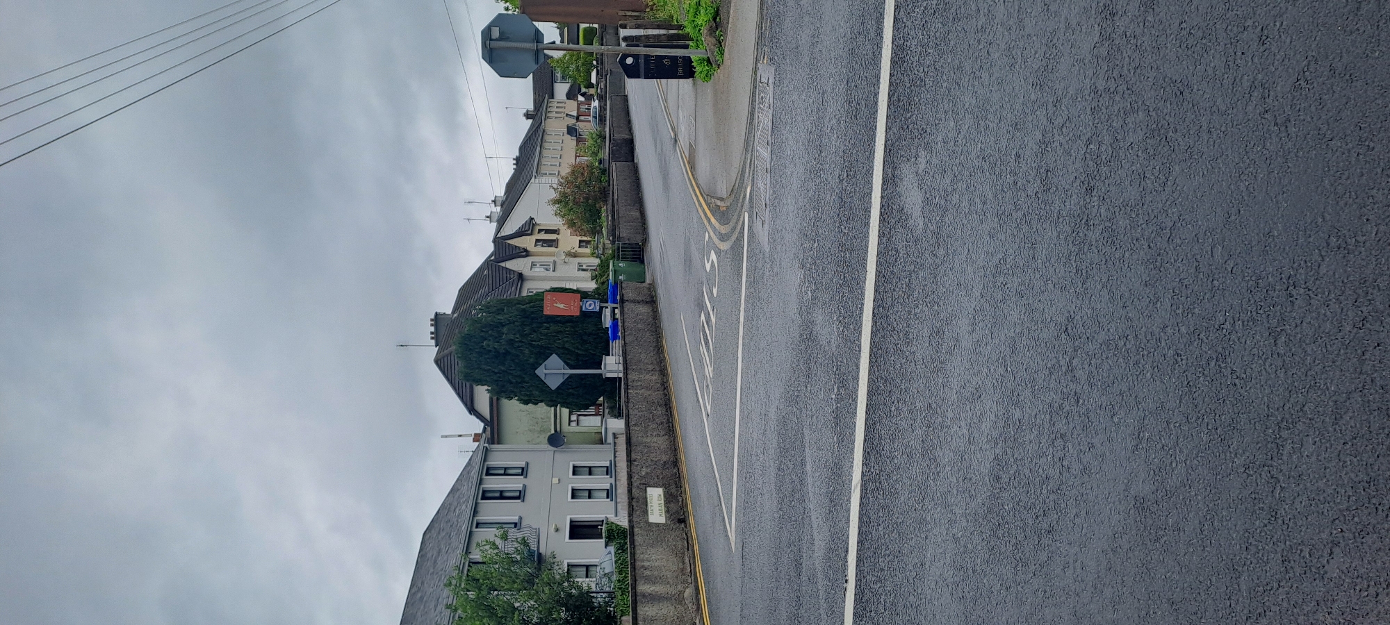 The image depicts a street scene in Castlebar, Ireland, likely on a cloudy day. In the foreground, a wet asphalt road with visible white lines marks the lanes. A stop line is painted across the road, indicating a stop sign is present. Beyond the road, a low stone wall runs horizontally, separating the street from a sidewalk and houses. On the wall, a sign reads "SOUTH BRIDGE MARIAN ROW".
Several houses are visible behind the wall, varying in architectural style and color. One house on the left is pale grey with dark-trimmed windows. A large, dark green evergreen tree stands prominently between two houses. A red sign with a white figure in motion, possibly indicating a playground or activity, is mounted on a pole near the tree. Blue and green trash bins are also situated near the houses.
Further down the street, more houses with tiled roofs are visible, interspersed with trees and foliage. Power lines are strung across the top of the frame. A stop sign is also present on the right side of the road, along with a black bollard-style bin containing what appears to be a leaflet or paper. The overall impression is a residential street in a town or city, with typical urban infrastructure.