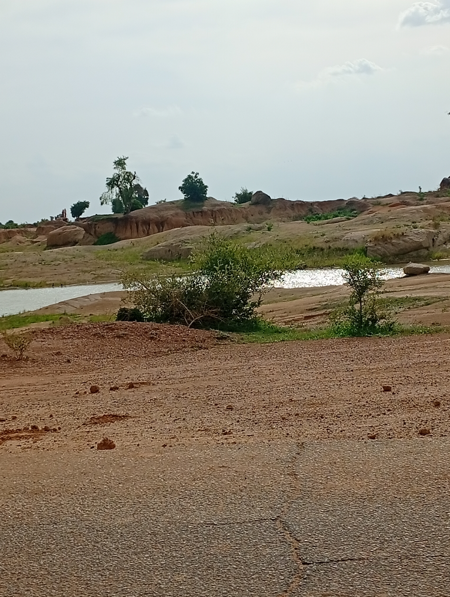 This is a full, eye-level, medium shot of a dusty, unpaved road in Shuwa, Nigeria. The road occupies the foreground and a portion of the midground of the image. Beyond the road, there is a small body of water, reflecting the bright, overcast sky. The water is bordered by a rocky, dry landscape with sparse vegetation, including several trees and bushes. In the background, a cluster of people can be seen standing on a rocky outcrop near a few trees. The sky is mostly clear with a few scattered clouds.