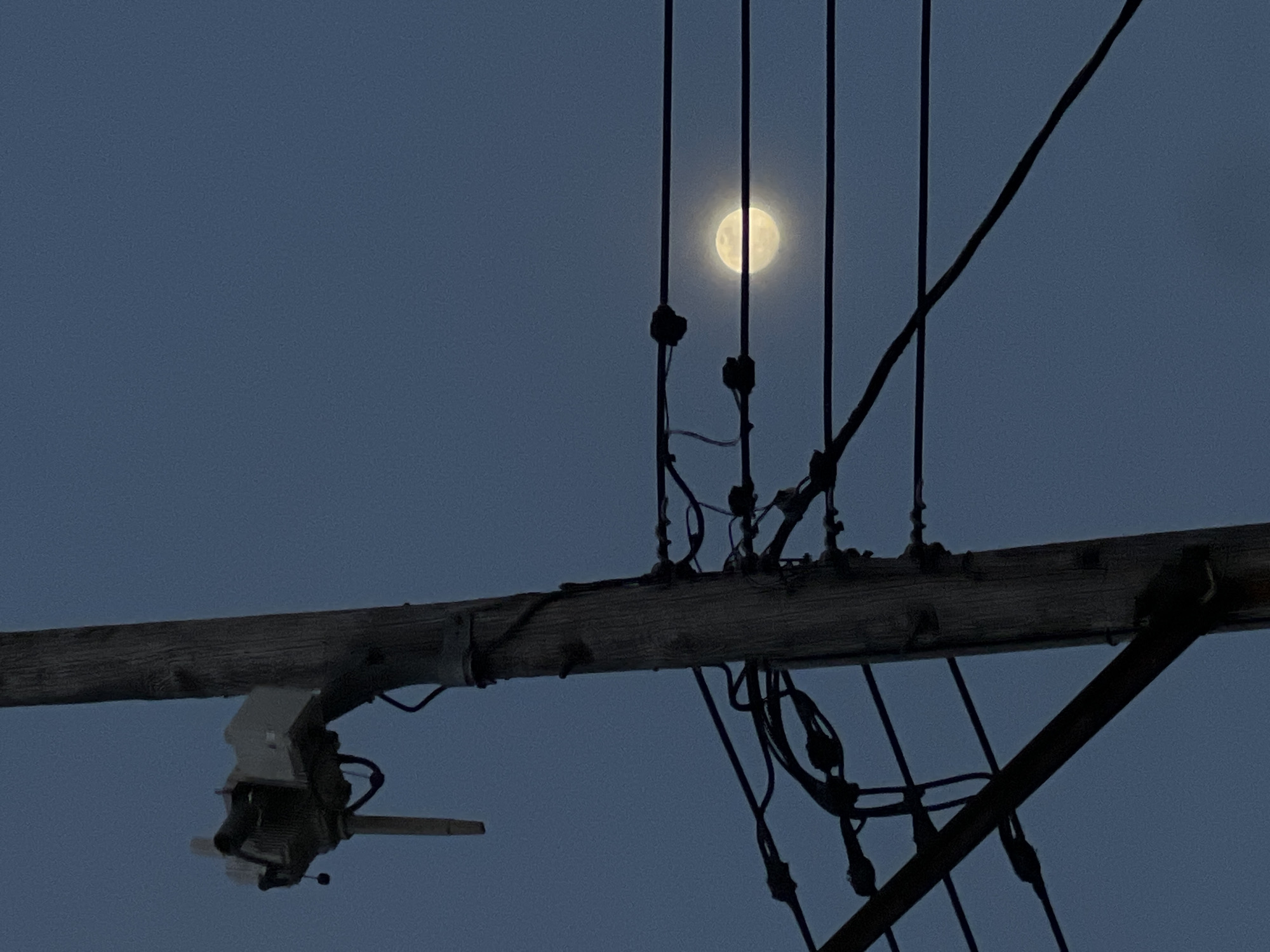 A low-angle view captures a full moon behind a utility pole on a twilight evening. The pole is weathered and gray, with numerous wires and electrical components attached to it. The wires run in multiple directions, obscuring parts of the moon. The sky is a dark, muted blue. The location and identities of people and the environment are unknown, as there is insufficient visual information to indicate New York City, United States of America.