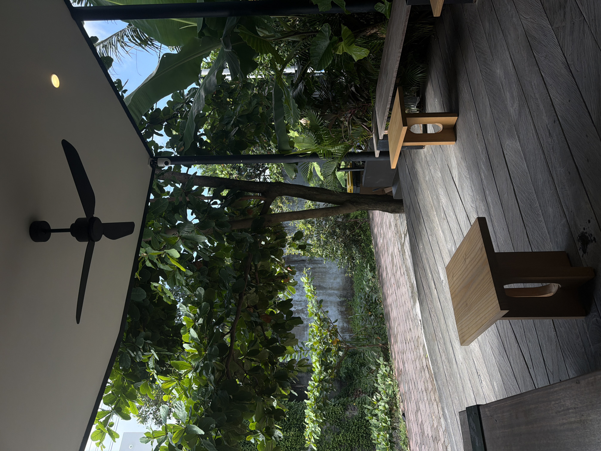 This image depicts an outdoor seating area with a roof in Mengwi, Indonesia, likely a cafe or restaurant. The area is characterized by a wooden deck and a covered patio. A black ceiling fan is visible overhead, along with a recessed light fixture. Several wooden tables and benches are arranged on the deck. Lush greenery, including large trees with broad leaves and smaller plants, surrounds the seating area, creating a tropical ambiance. In the background, a brick pathway leads to a textured concrete wall covered in ivy. The overall scene suggests a relaxed, shaded outdoor space.