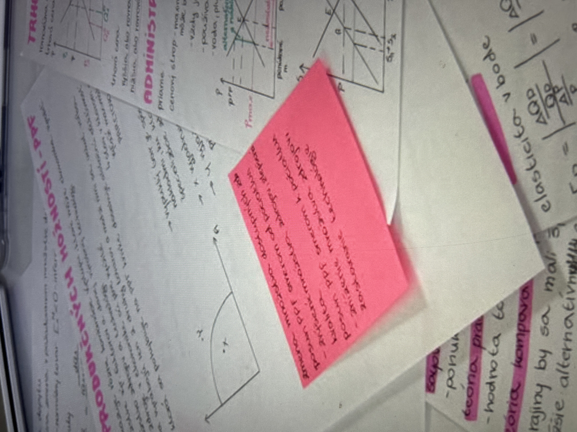 This media file is a close-up, angled shot of a desk covered in handwritten notes and diagrams, likely related to economics or business studies. The notes are written in what appears to be Slovak or a similar Slavic language.
The subjects are primarily the papers themselves, which are layered and slightly crumpled, suggesting they are actively being used for study or work. One prominent object is a bright pink sticky note with handwritten text on it, placed diagonally across several of the documents. There are also several hand-drawn graphs, characteristic of economic concepts like supply and demand curves, and a diagram resembling a sector of a circle with an angle labeled 'x' and an axis labeled 'b'.
The activity taking place is clearly studying or working with notes. The presence of multiple documents, diagrams, and a sticky note indicates an organized, albeit somewhat messy, study session. The lighting suggests an indoor environment, possibly during the daytime, with no strong indicators of time of day or weather. The location context of Knezha, Bulgaria, does not provide any specific visual cues within the image itself.
Notable details include the variety of handwriting styles and the use of different colored inks, including pink, purple, and black. The text visible on the documents includes headings like "PRODUKČNÝCH HORNOSTI-PPF", "ADMINISTR", and terms related to economics such as "TRHO", "cenový strop", "elasticita", and "AQD/AP". The overall impression is one of focused academic effort.