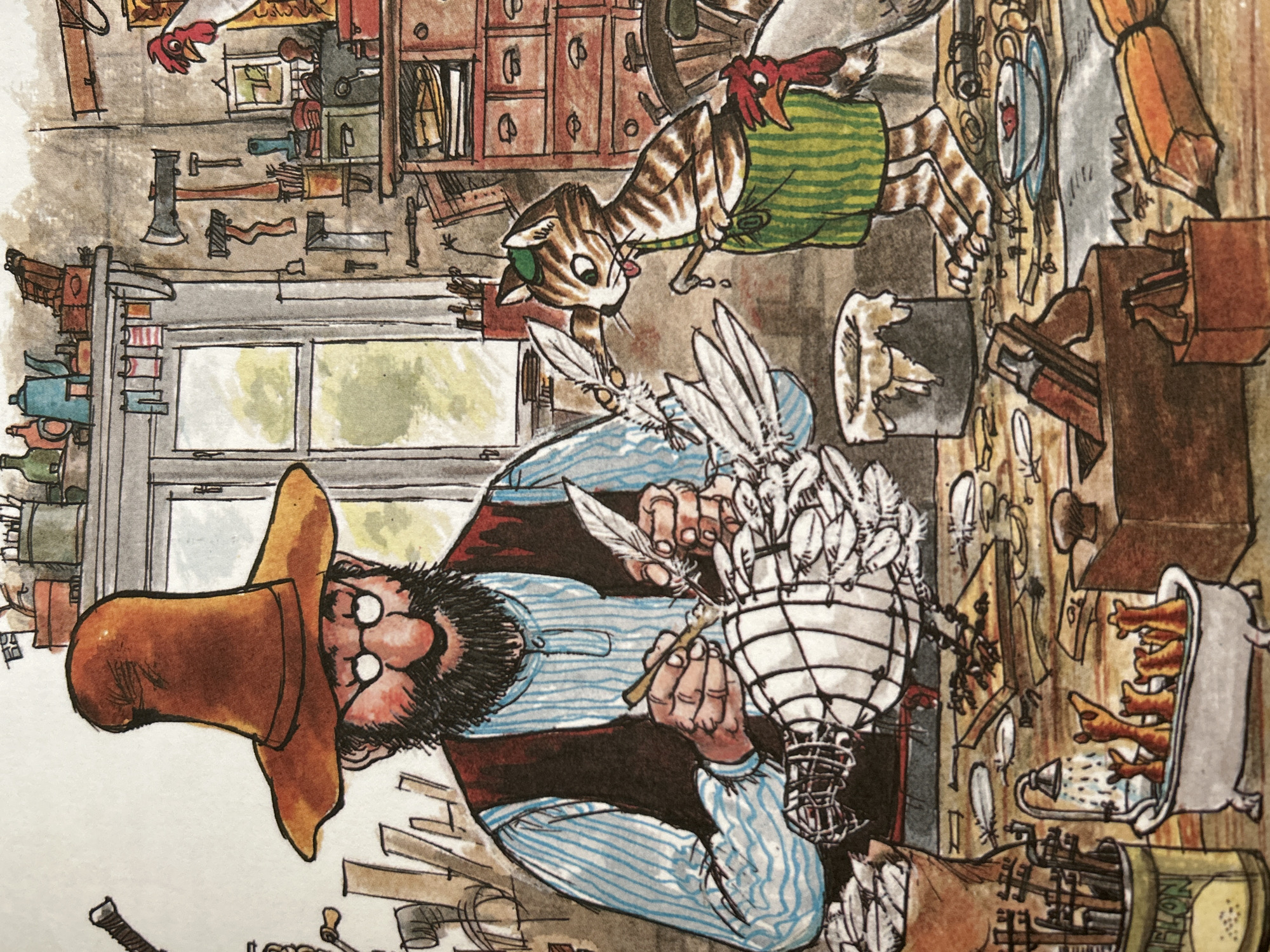 The image depicts an indoor scene, likely a workshop, in the city of Unknown, Unknown. A man with a large brown hat, glasses, and a beard is working on a wireframe structure that resembles a bird. He is holding a feather and a tool, seemingly attaching the feather to the structure. To his right, a tabby cat wearing a green apron and a green hat is looking at the man's work, with a dripping paw. A chicken stands near the cat. The workshop is filled with tools and materials, including axes, saws, a workbench, drawers, and various containers. In the foreground, a bathtub contains several small, orange, animal-like figures, possibly ducklings, under a showerhead. A can with the word "MELON" on it is also visible. The overall atmosphere is one of creative activity and domesticity.