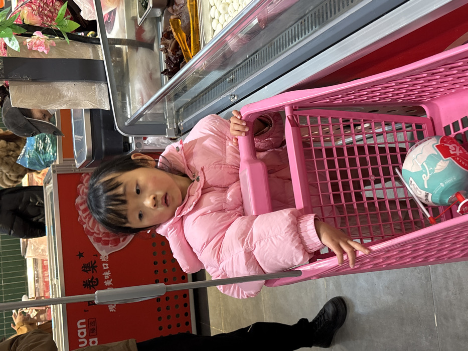 A young East Asian female child, approximately three to five years old, with dark hair and bangs, is seated in a bright pink shopping cart in a supermarket in Jiangjin, China. She wears a puffy, light pink winter jacket and looks with a neutral expression towards the left of the frame. Her hands rest on the cart's frame. Inside the cart, a light blue and white spherical item with red details and a white stick handle is visible. The cart is positioned alongside a refrigerated display case containing various food products, including what appears to be sliced meats, mushrooms, and small white spheres, with serving tongs present. To the child's left, the lower legs and feet of an adult in black attire are visible, along with a red display unit featuring Chinese characters for "roll collection" and "fresh and delicious taste," and an image of sliced meat. In the background, other display cases and a partially visible adult wearing a dark cap are present, along with pink floral decorations. The environment is brightly lit.