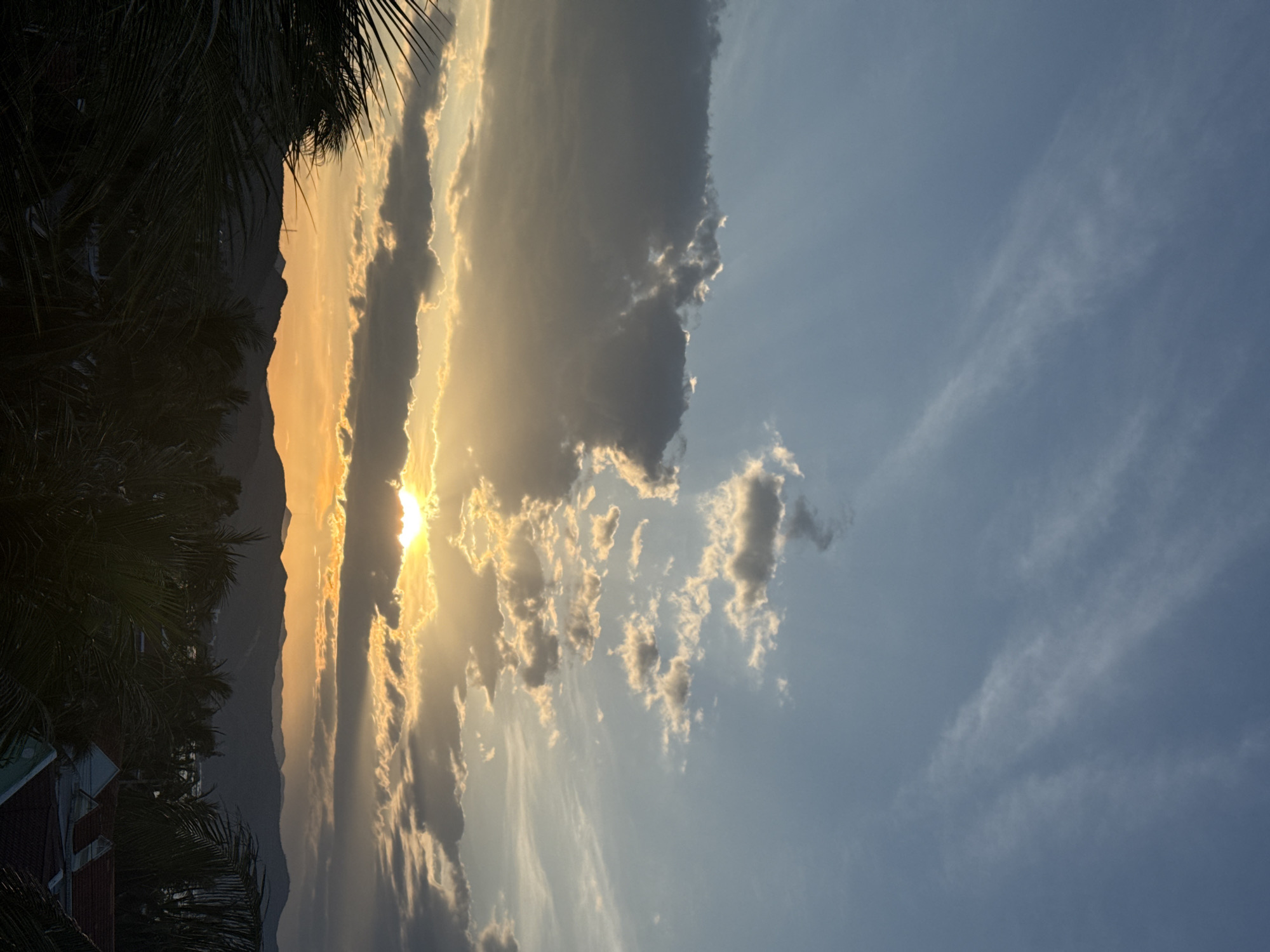 A vertical, low-angle shot captures a vibrant sunset over a silhouetted mountain range in the distance. The sky is a brilliant mix of deep blue and warm oranges and yellows, with wispy white clouds scattered throughout. The sun, a bright orb of golden light, peeks out from behind a thick bank of dark gray clouds, casting rays of light that pierce through the sky. In the foreground, the dark silhouettes of palm fronds frame the scene, with the tops of red-tiled roofs visible just below them. The overall impression is one of serene beauty and natural splendor.