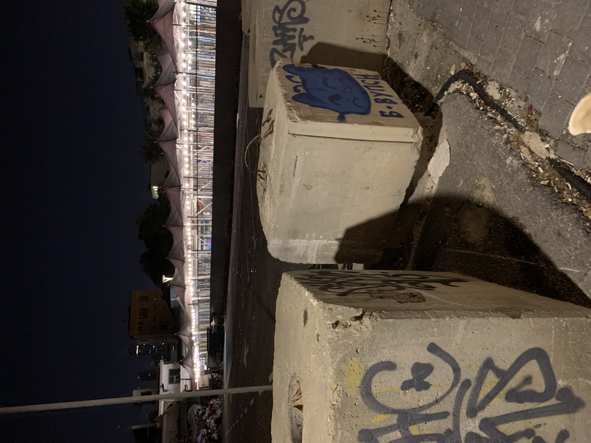 The image, taken at night, shows a row of large concrete blocks with graffiti, possibly used as barriers on a street. The graffiti includes the phrase "B-BYTCH" and a blue stylized figure resembling a ghost. Behind the blocks, a structure with a series of awnings or canopies, illuminated by lights, is visible. In the background, buildings and city lights are discernible against the dark sky. The location is inferred to be Tel Aviv, Israel. The foreground shows a section of pavement with some debris and a portion of a dog.