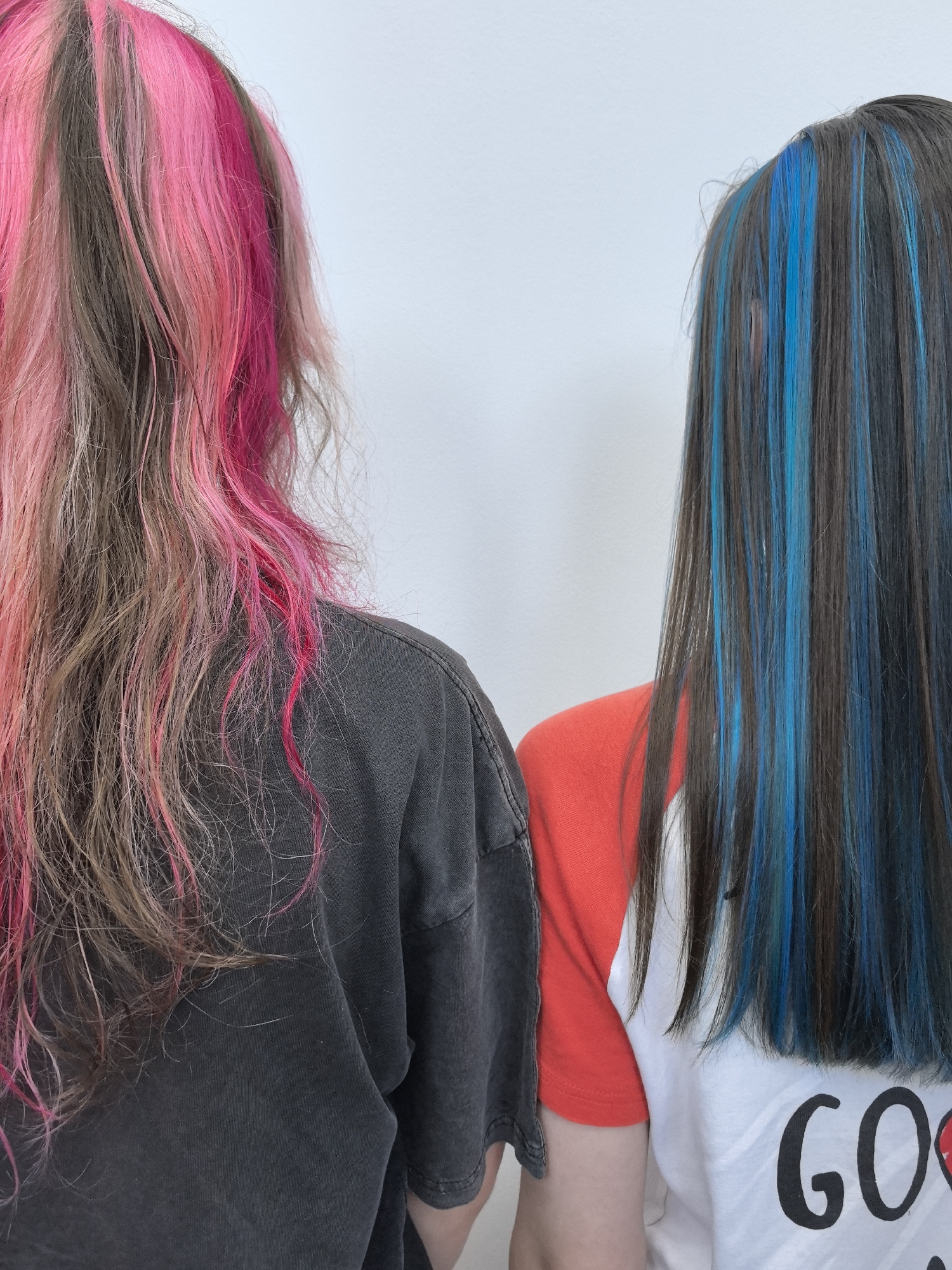 The image shows the backs of two individuals. The person on the left has long, wavy hair with streaks of bright pink mixed with their natural brown hair. They are wearing a dark grey t-shirt. The person on the right has long, straight dark brown hair with vibrant blue streaks. They are wearing a white t-shirt with red sleeves, and the word "GOOD" in black lettering is visible on the back of their shirt. Both individuals are positioned against a plain white background. The image appears to have been taken indoors, possibly in a salon or a well-lit room. No specific landmarks or indicators of Chaikovsky, Russia, are present in the image.