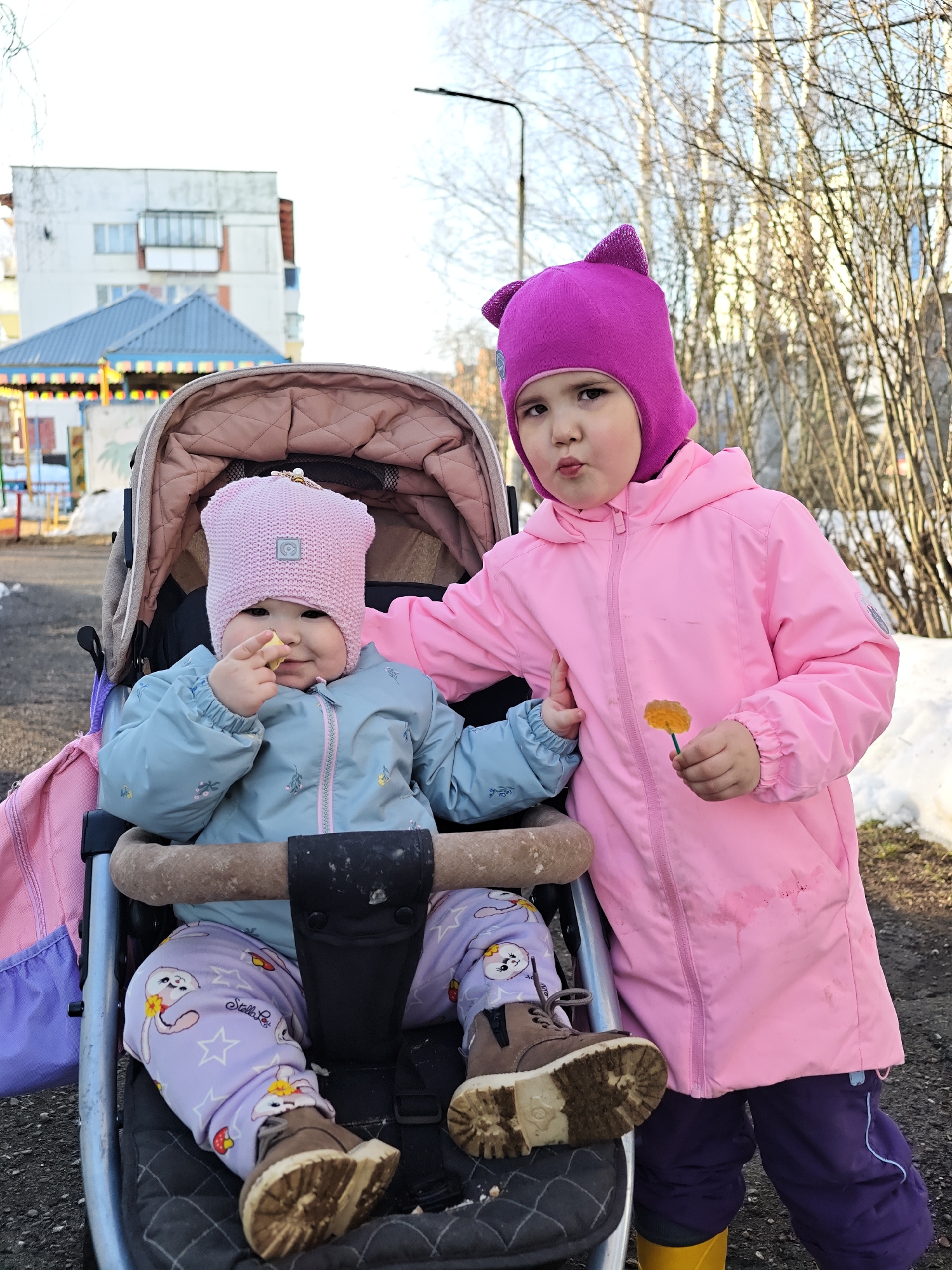 Two young children are outdoors. One child, wearing a pink knit hat and light blue jacket, sits in a stroller and holds a piece of food in their hand. The other child, wearing a purple knit hat with cat ears and a pink jacket, stands beside the stroller, holding a small yellow flower. The child in the pink jacket has one hand resting on the stroller. Both children are looking towards the camera. The stroller is black and grey with a pink and purple bag hanging on the side. The child in the stroller wears purple patterned pants and brown shoes, while the standing child wears purple pants and yellow boots.
The scene appears to be a residential area on a sunny day. In the background, there is a white apartment building with a blue roof and a playground with a colorful structure. Bare trees are visible, suggesting it is either late fall or early spring. The ground is a mix of pavement and dirt with patches of snow. The location is the city of Chaikovsky, Russia.