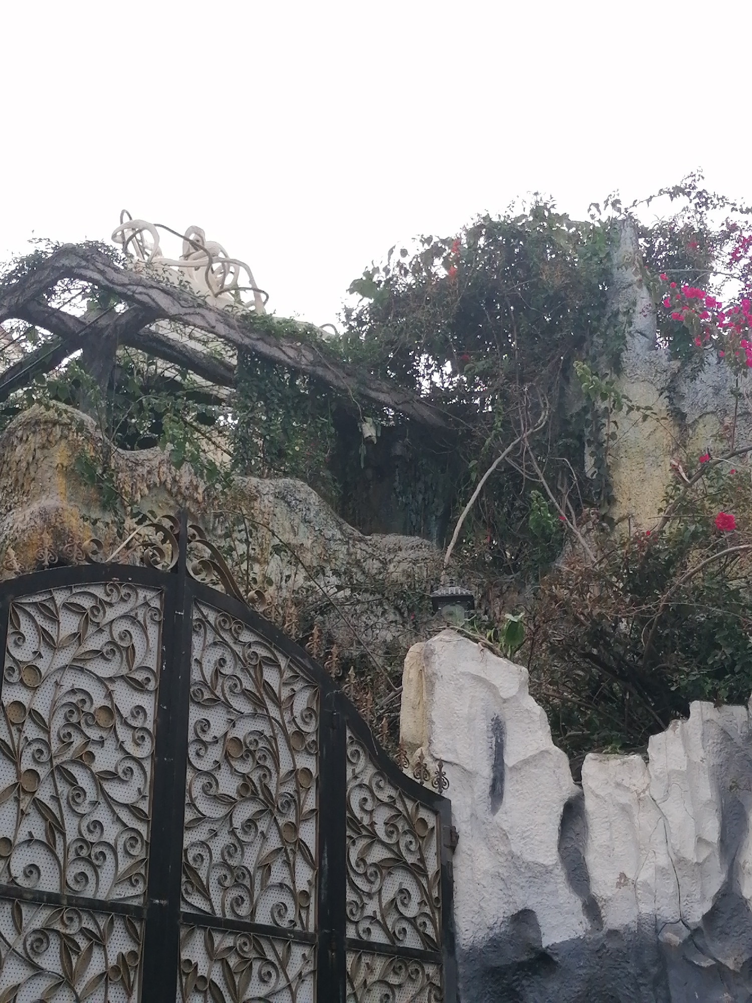The image shows an ornate wrought iron gate in the foreground, with a complex floral and swirling pattern. Behind the gate, a rugged, multi-layered structure resembling a rock formation rises. This structure is overgrown with lush green vines and dry, spindly branches, suggesting a wild or neglected state. Pinks and red bougainvillea flowers are visible, adding splashes of color to the scene.
The "rock formation" appears to be a constructed element, possibly part of a garden or an artificial landscape feature, given its textured surface and layered appearance. A dark, somewhat weathered lamp fixture sits on one of the rock ledges. Above this, a wooden trellis or pergola-like structure is visible, also intertwined with vines. The sky is overcast, indicating a cloudy or possibly hazy day.
In the background, to the left of the rock formation, a white, abstract sculpture with curving, intertwined elements is partially visible. It seems to be made of smooth, molded material and contrasts with the naturalistic textures elsewhere. The overall impression is one of a densely vegetated, somewhat whimsical or eccentric outdoor setting. Given the location context of Da Lat, Vietnam, known for its cooler climate and gardens, this scene could be from a private residence, a park, or a tourist attraction. There is no visible text in the image.