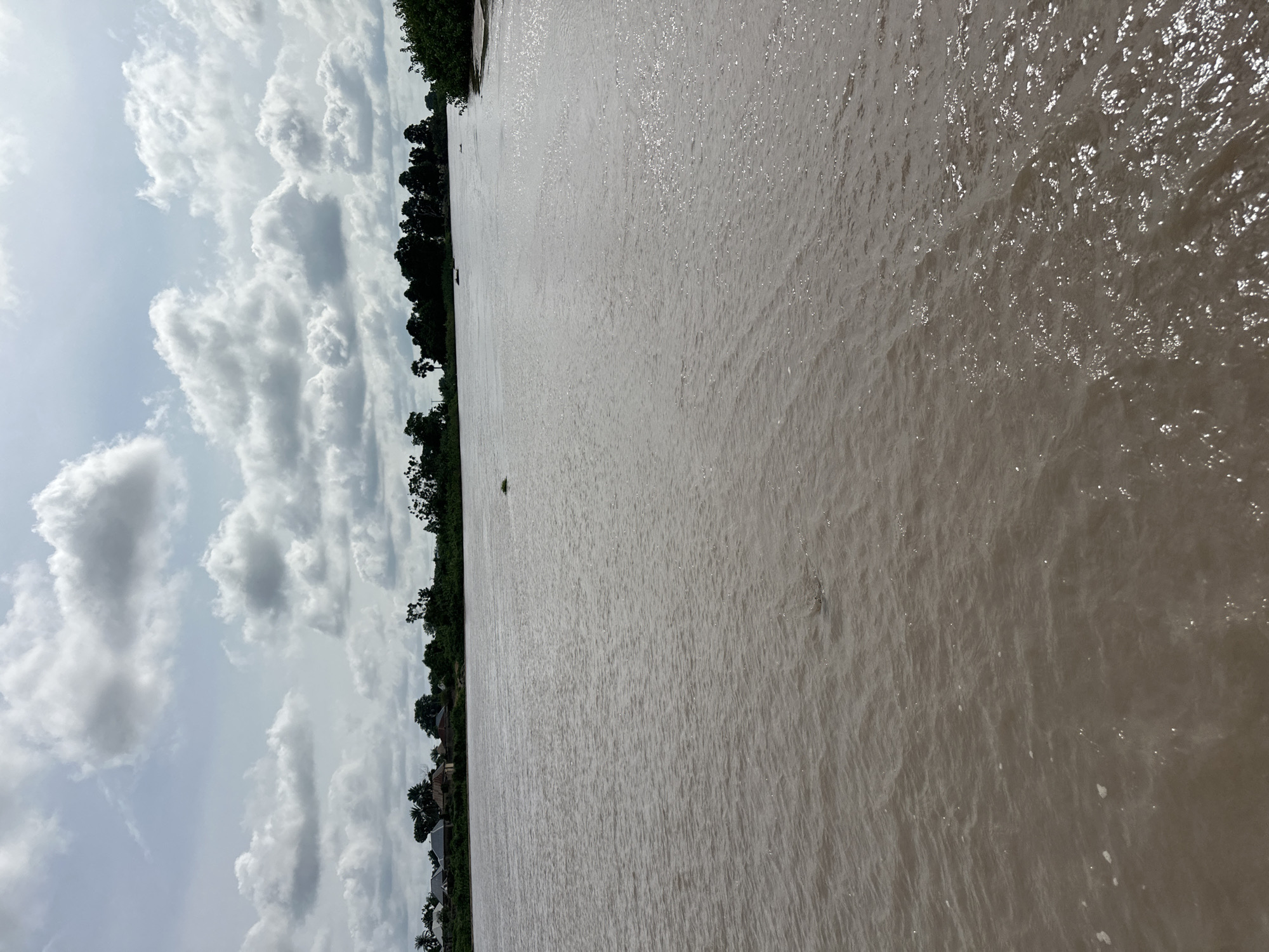 This image depicts a wide, murky river flowing through the outskirts of Kunini, Nigeria. The water is a light brown color, with gentle ripples reflecting the cloudy sky above. Along the distant left bank, a small village with several homes and lush green trees is visible. The right bank is densely wooded with trees and vegetation. The sky is filled with large, white, and gray cumulus clouds. There are no people or animals clearly visible in the image, though a small, dark object, possibly a floating log or debris, can be seen in the middle of the river. The scene suggests a rural, possibly tropical, environment.