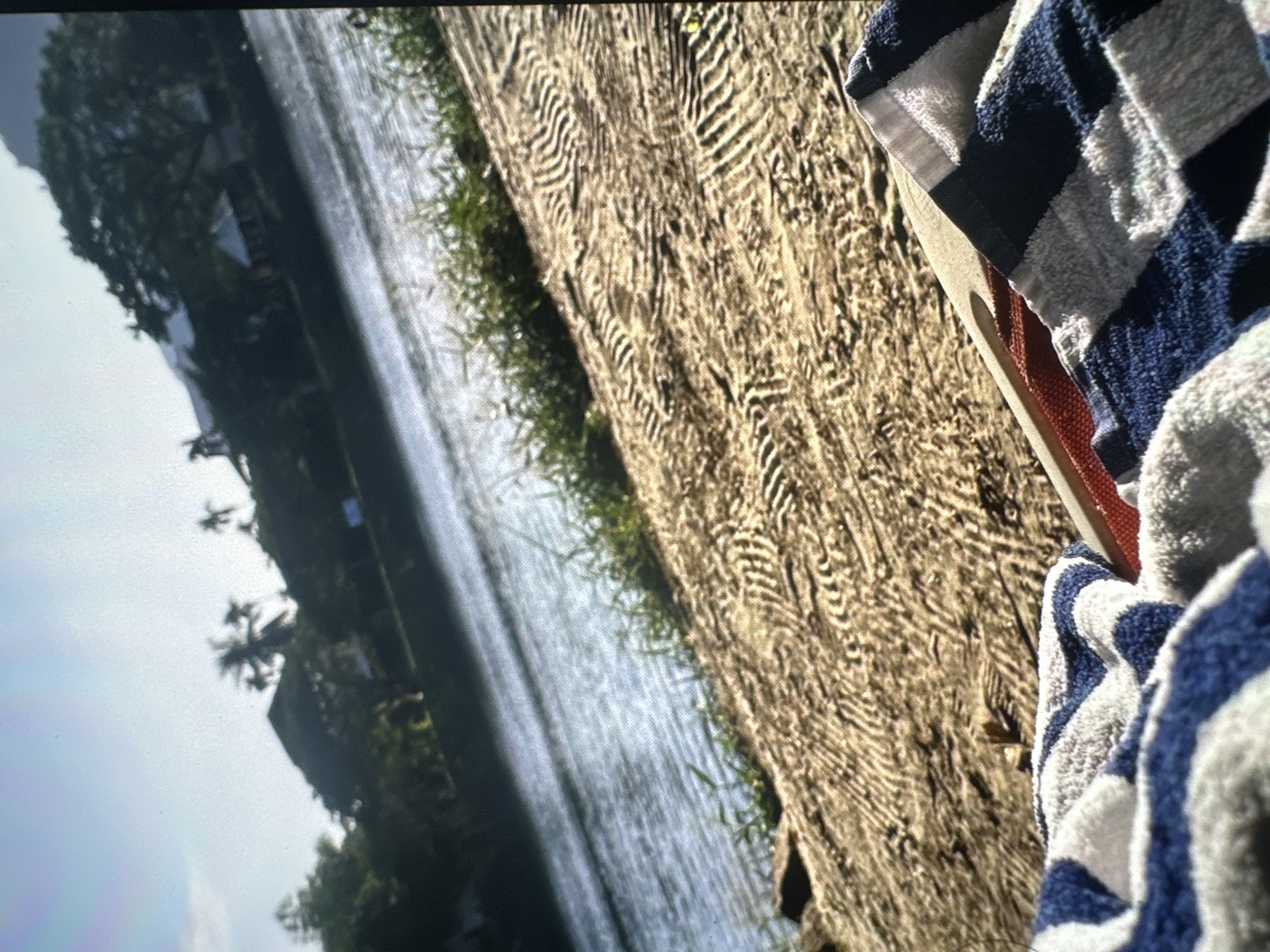 The image depicts a close-up view of a striped blue and white towel partially covering a red fabric, resting on a sandy surface marked with wave-like impressions. Beyond the sand, a body of water, possibly the Kampot River, is visible, with lush green vegetation along its banks. In the background, silhouetted against a bright sky, are the shapes of trees, including palm trees, and buildings with distinctive roofing, suggesting a tropical or subtropical setting. The overall impression is one of a relaxed outdoor scene, likely a riverside location in Kampot, Cambodia.