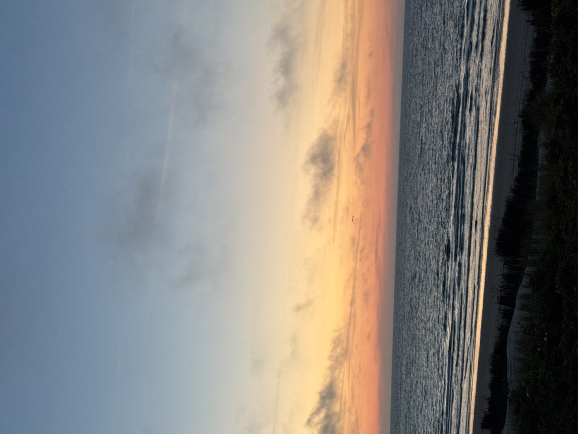 A serene beach scene unfolds at dusk on Langeoog, Germany. The image captures the vast expanse of the North Sea meeting a sandy shore, backed by a band of low-lying vegetation and dunes. The sky is a gradient of soft colors, transitioning from a pale blue at the top to warm hues of orange and pink near the horizon, indicating the setting sun. Wisps of clouds drift across the sky, adding texture to the tranquil atmosphere. The ocean, a deep blue, is calm with gentle waves lapping against the shore, creating subtle patterns of light reflection. Two small birds are visible in the distance, soaring in the sky above the water, adding a touch of life to the otherwise still landscape. The foreground is dominated by dark, silhouetted vegetation, hinting at the natural flora of the island.