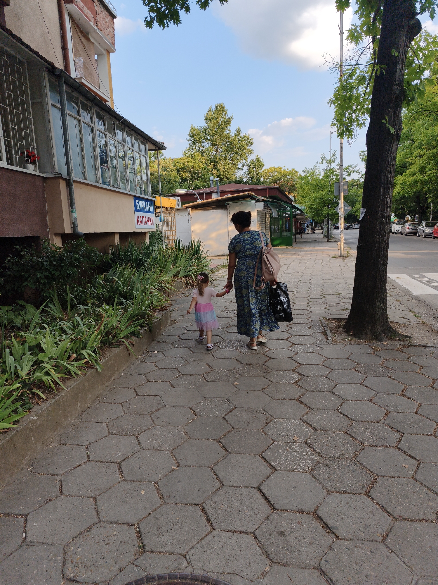 In Lovech, Bulgaria, on a warm day, a woman and a young girl walk along a hexagonal-paved sidewalk next to a building with a sunroom and a green awning. The woman, wearing a long, blue, patterned dress and carrying a pink backpack and a black shopping bag, holds the hand of the girl, who is dressed in a pink and blue tutu dress and has a pink bow in her hair. Greenery lines the sidewalk. In the background, trees, streetlights, and parked cars suggest a residential or commercial street. The sky is a clear blue with some scattered clouds.