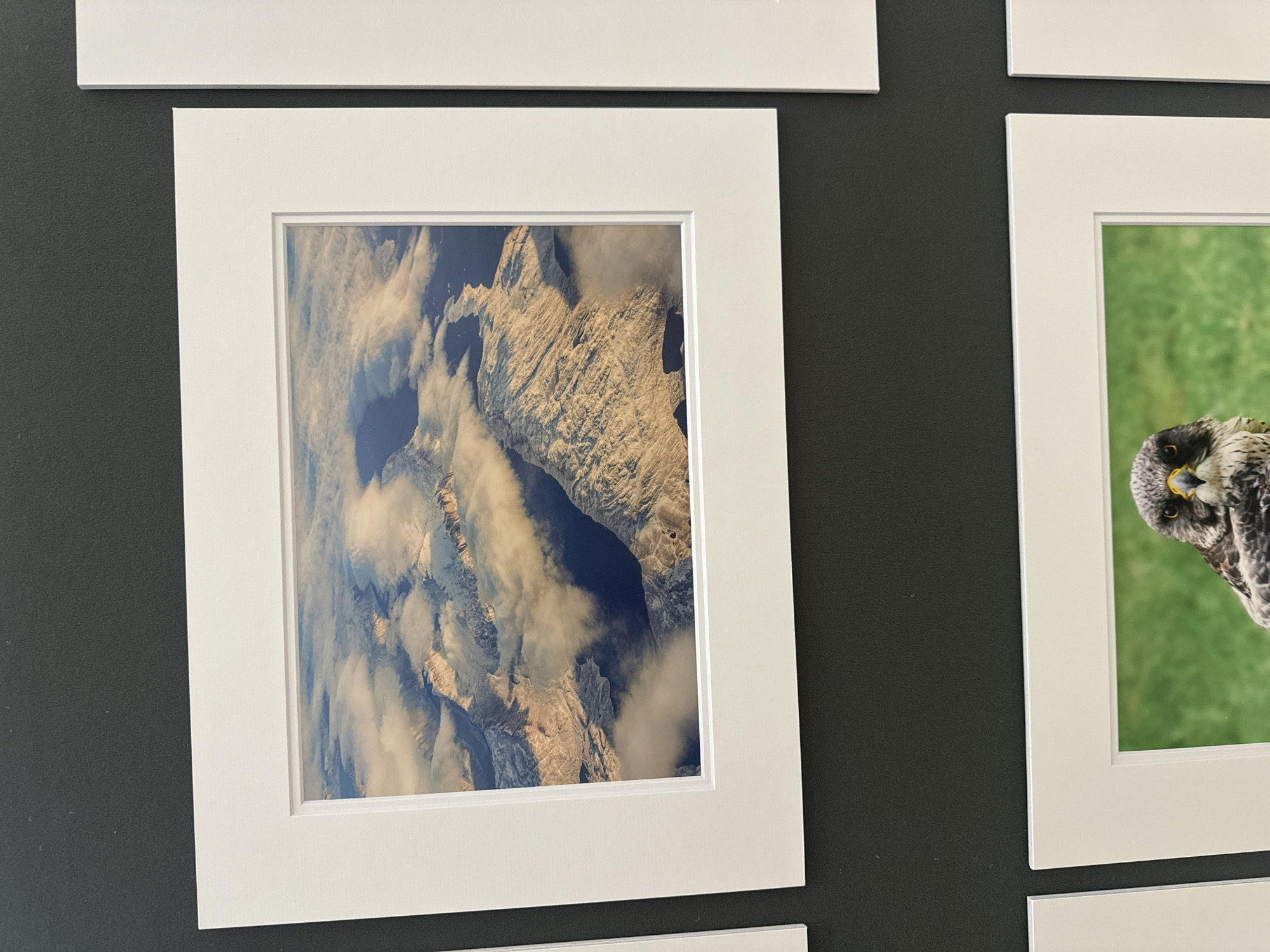 The image displays framed photographs hanging on a dark wall. The top frame contains an aerial view of snow-capped mountains and dark bodies of water, partially obscured by clouds. The bottom frame shows a close-up of a bird of prey with a sharp gaze, set against a blurred green background. The photographs are presented with white mats and appear to be on display, possibly in a gallery or exhibition space. There is no discernible information within the image to indicate the location is Kilkenny, Ireland.