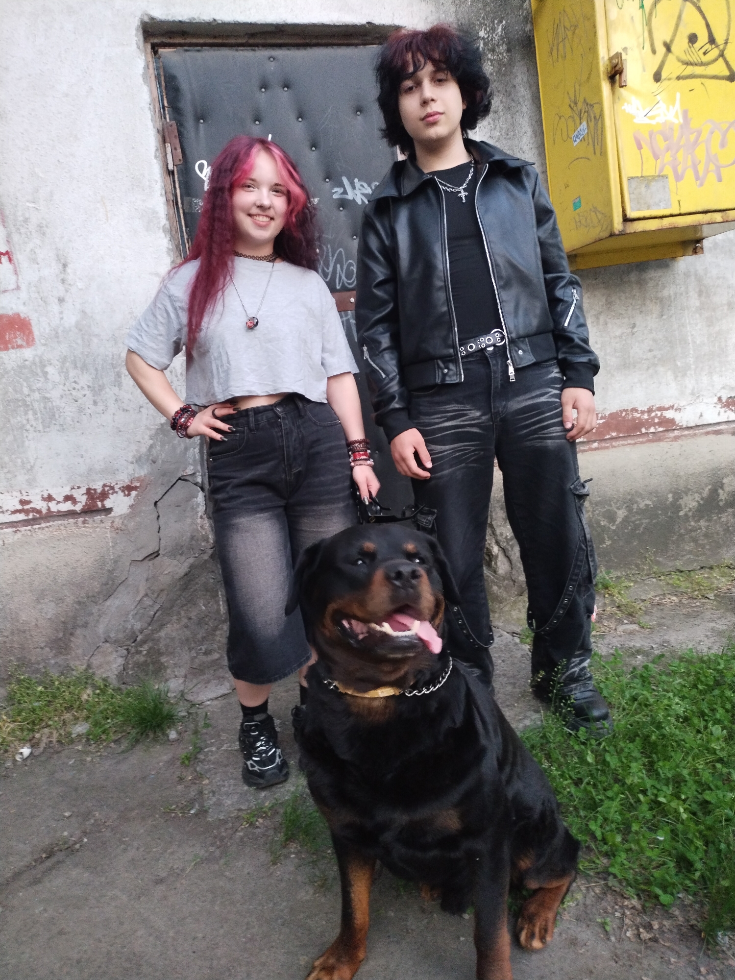 A young female with long, wavy, dark pink and burgundy hair, wearing a grey cropped t-shirt, dark denim culottes, black sneakers, and layered bracelets on both wrists, stands with her left hand on her hip, smiling broadly. To her right, a young male with short, dark, curly hair, wearing a black leather jacket over a black t-shirt, black pants with decorative buckles and straps, and black boots, stands with his arms by his sides. In front of them, a black Rottweiler with a brown muzzle and chest, wearing a silver chain collar, sits alertly with its tongue slightly out. The group is positioned outdoors in front of a weathered grey concrete wall with graffiti and a dark metal door. To the right of the wall is a yellow metal utility box, also covered in graffiti. The ground is a mix of cracked concrete and patches of green grass. The scene appears to be in an urban alleyway or exterior area in Horishni Plavni, Ukraine.