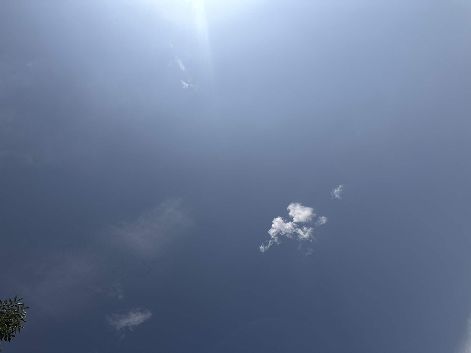 The image shows a bright blue sky with a few wispy white clouds. The sun is visible in the upper right corner, casting a bright glare. A few leaves from a tree are visible in the upper left corner. The image appears to be a photograph taken outdoors, looking upwards. There are no people or identifiable objects in the scene other than the sky, clouds, sun, and tree leaves. It is impossible to determine the specific location within the city of Le Locle, Switzerland, based on this image alone.