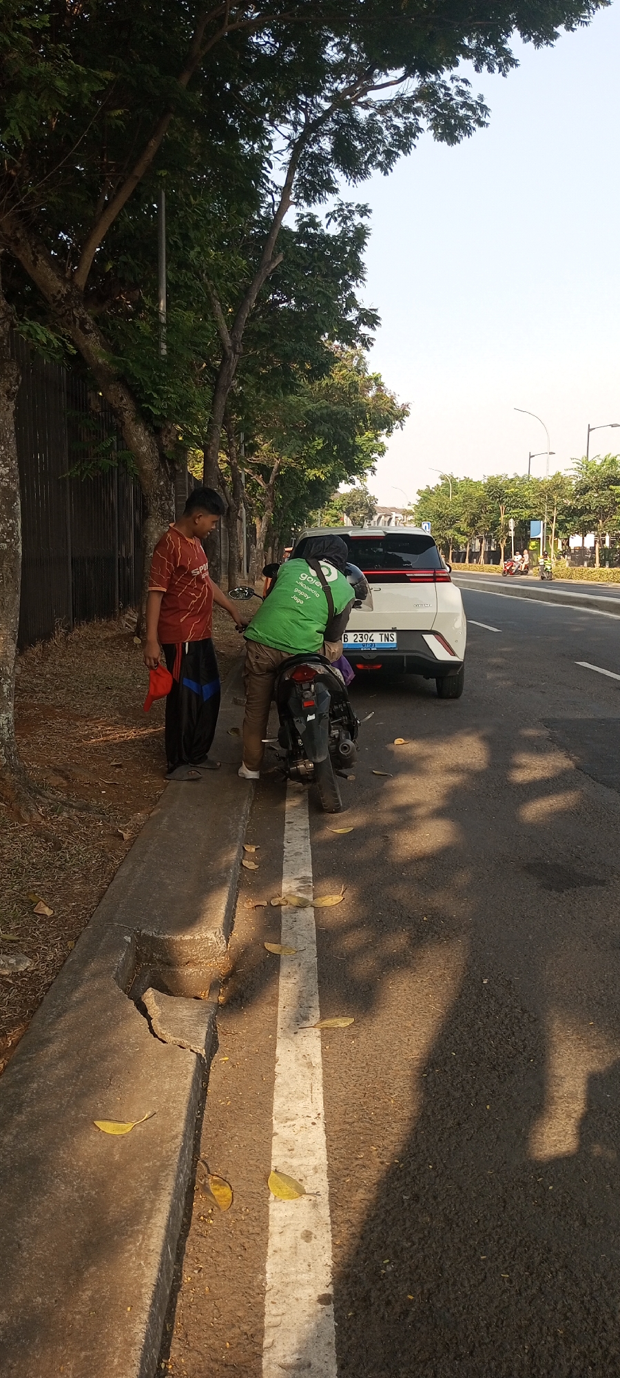 The image depicts an outdoor scene at street level in Lambangjaya, Indonesia. Two individuals are present. One person, wearing a red and orange patterned shirt and black pants with blue stripes, stands on the left side of the frame. They are holding a red cap in their right hand. Facing the camera, this individual appears to be interacting with the second person.
The second person, on the right, is wearing a green jacket with a logo and brown pants. They are leaning over a motorcycle, which is positioned centrally in the frame. The motorcycle is partially obscured by the white car behind it. The white car, a hatchback, has its license plate visible, reading "B 2394 TNS". The car is parked on the right side of the road.
The environment consists of a paved road with a white line marking the lane. To the left of the road is a concrete curb that appears cracked in places. Beyond the curb is a grassy verge with dry leaves scattered on it, followed by a dark fence and trees. More trees and foliage are visible further down the street, lining the road. The sky is clear and bright, suggesting daylight. The scene is illuminated by sunlight, casting shadows on the road and ground. The overall impression is a candid street-side interaction.