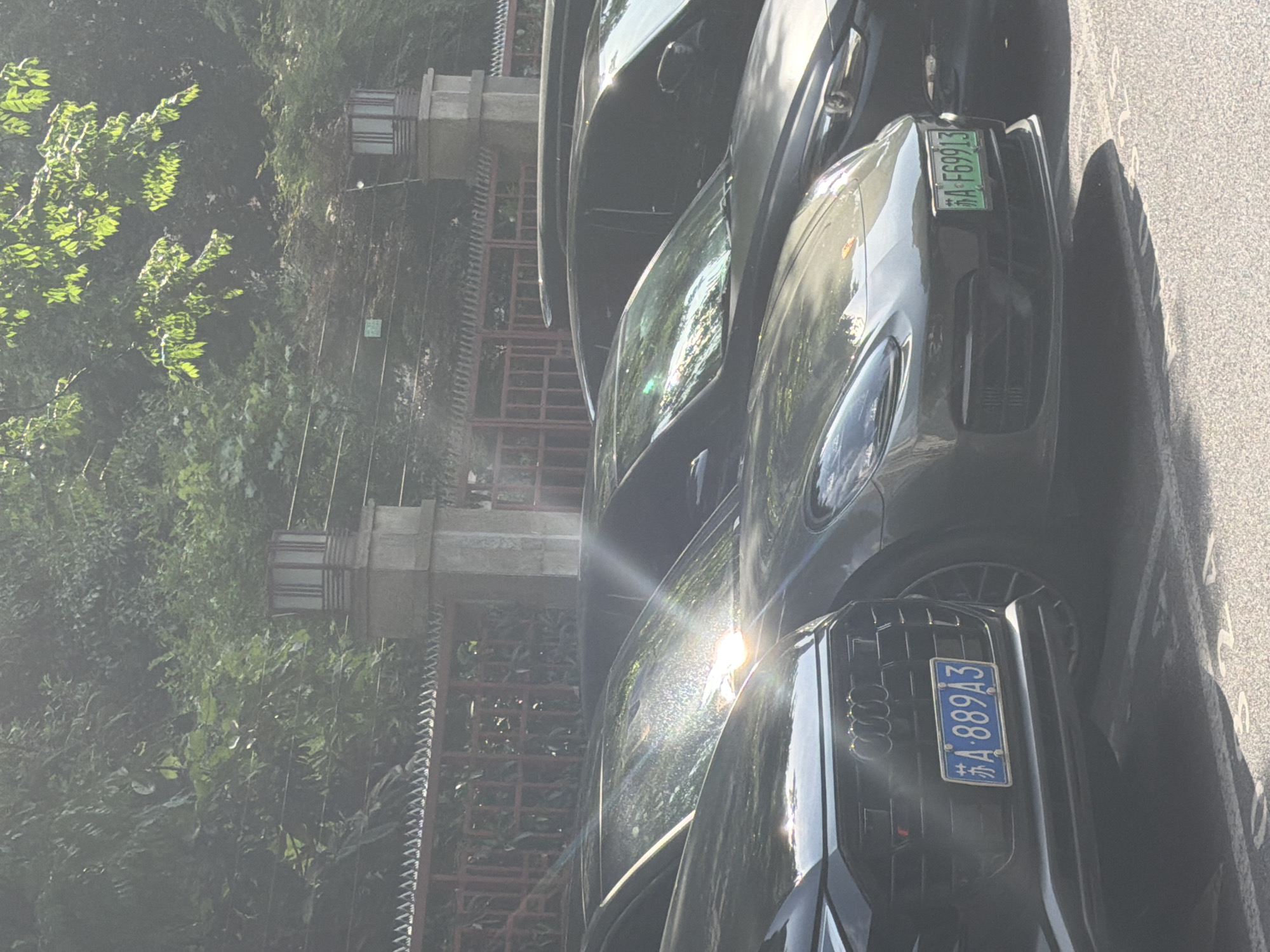 The image shows two cars parked on a street next to a gate with foliage in the background. The license plate of the front car reads "苏A·889A3", and the license plate of the car behind it reads "苏A·F69913". The "苏" character indicates the cars are in Jiangsu province. The image appears to be taken in an urban area. Based on the license plates and architectural style of the gate, the location is likely Xuanwu District, China.
