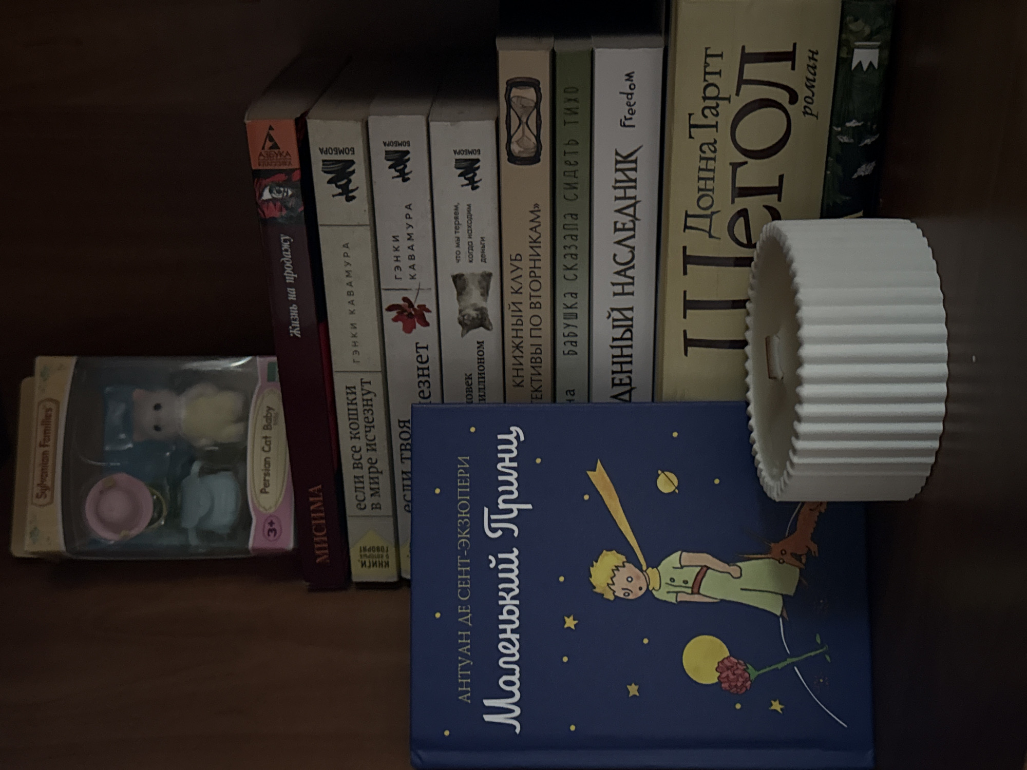 The image shows a dimly lit bookshelf with various items. On the top shelf, there is a toy box labeled "Sylvanian Families" containing a Persian Cat Baby doll. Below this, a stack of books is visible. The prominent book in the foreground is a dark blue hardcover titled "Маленький Принц" (The Little Prince). To the right of "The Little Prince" are several other books with visible titles in Russian, including "Жизнь на продажу" (Life for Sale), "если все кошки в мире исчезнут" (If All the Cats in the World Disappeared), "гэнки КАВАМУРА" (Genki Kawamura), "КНИЖНЫЙ КЛУБ. ДЕТЕКТИВЫ ПО ВТОРНИКАМ" (Book Club. Detectives on Tuesdays), "Бабушка сказала сидеть тихо" (Grandma Said to Sit Quietly), and "ДЕННЫЙ НАСЛЕДНИК FREEDOM" (Heir Apparent FREEDOM). At the bottom right, a yellow book with the title "Щегол" (The Goldfinch) by Donna Tartt is partially visible. A white fluted candle holder is placed in front of the books on the lower shelf. The background of the bookshelf is dark brown. The scene appears to be indoors, likely in a home or library setting. There are no people present.