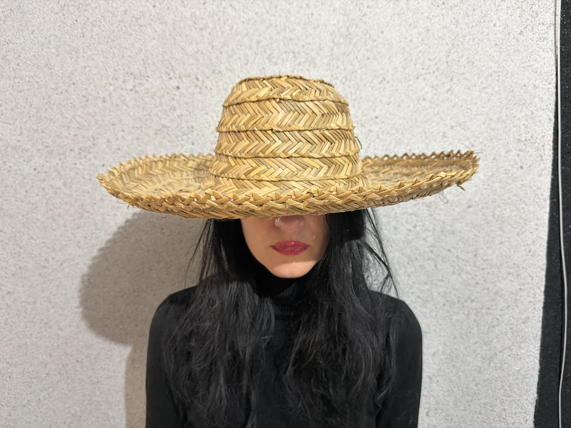 A person, likely female, is shown in a mid-shot, standing indoors against a light gray, textured wall in Tbilisi, Georgia. Their face is largely obscured by a wide-brimmed, light brown straw hat with a distinctive woven pattern. Long, dark hair cascades down their shoulders and chest, partially covering a black high-neck top. The only visible facial feature is their lips, adorned with bright red lipstick. The lighting appears to be artificial, casting a subtle shadow of the person's head on the wall to the left. The image presents an enigmatic mood, focusing on the interplay of texture, color, and obscured identity. No text is visible in the image.