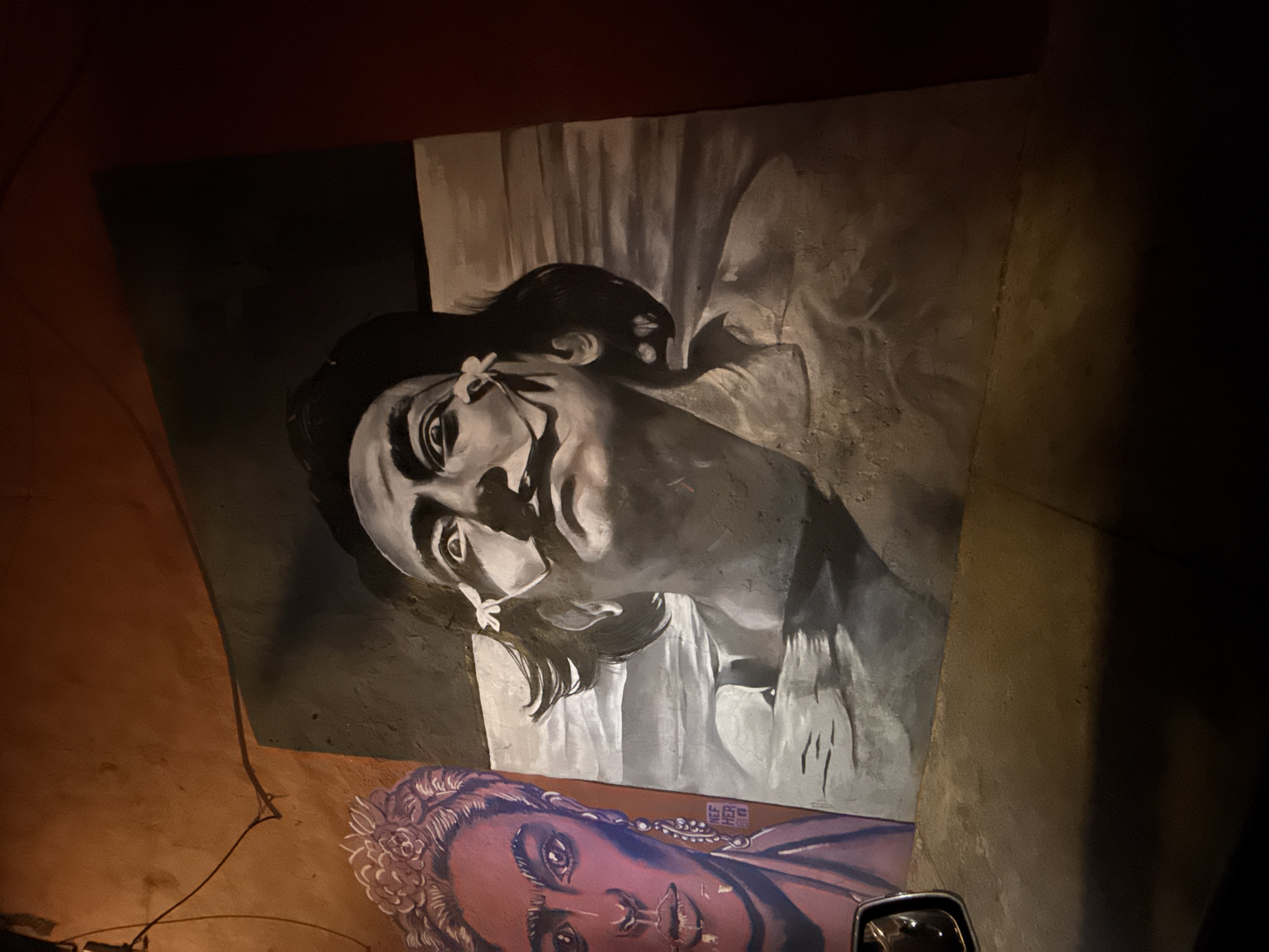 The image shows two murals on a wall, likely indoors. The top mural is a grayscale portrait of a person with a flower near their ear. The background of this mural appears to be a dark, solid color on one side and lighter, possibly representing curtains, on the other. Below this is another mural depicting a person with a darker complexion and purple hues in their face and hair. A small section of text or symbols appears between the two murals. The photograph is taken at an angle, with the surrounding environment dimly lit and out of focus. The location is Puebla, Mexico.