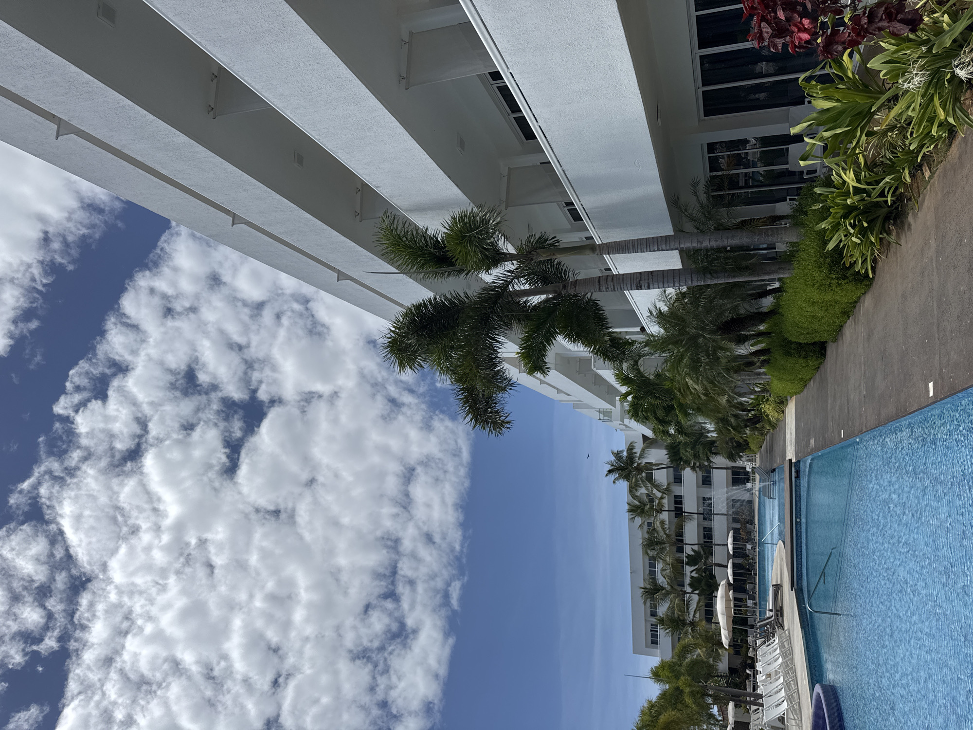 The image shows a view of a hotel pool area in Playa El Agua, Venezuela. The perspective is looking upwards, capturing the sky with fluffy clouds and a clear blue section. On either side of the sky are parts of a modern white hotel building. One side features a series of horizontal ledges or balconies, while the other side displays palm trees and lush green vegetation lining the pool's edge. The blue water of the pool is visible. Several chairs are seen near the pool.