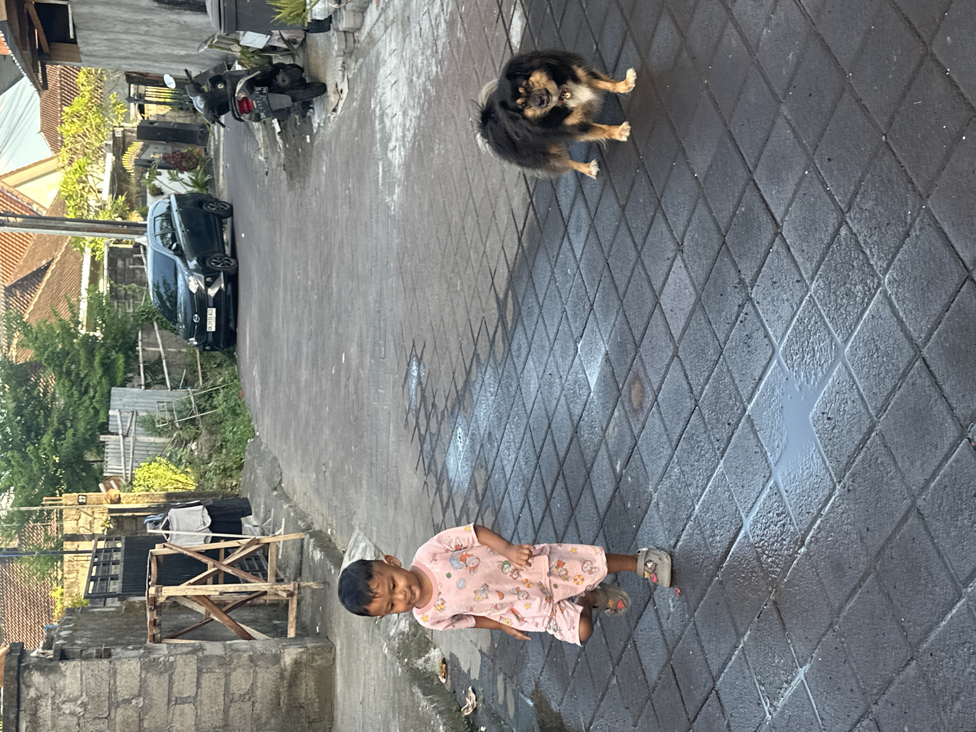 Scene: A residential street in North Kuta, Indonesia.
People: A young child wearing pink pajamas with a cartoon print is standing on the paved street.
Animals: A medium-sized dog with black and brown fur is nearby.
Objects: In the background are houses, a black car, parked motorbikes, and a wooden structure on top of a concrete wall. The street is paved with diamond-patterned blocks, some of which are wet.
Actions: The child is standing and looking towards the camera. The dog is standing and looking away from the camera.
Environment: The scene is outdoors, presumably during daylight. The street is narrow and residential.