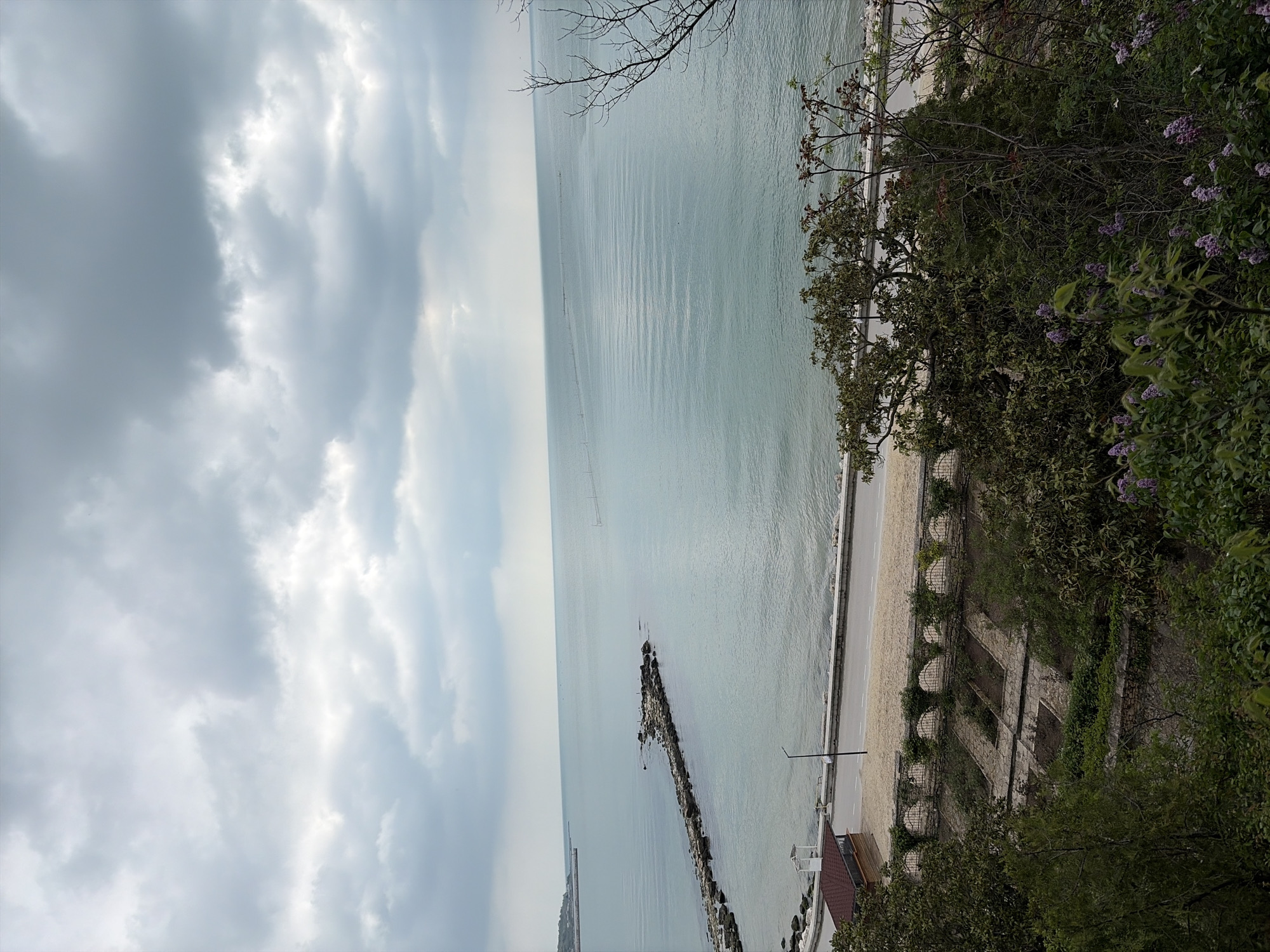The photograph shows a coastal view, likely taken from an elevated position overlooking the sea. The sky is filled with clouds, dominating the left side of the frame. The sea extends towards the horizon, taking up a significant portion of the image. A breakwater or jetty juts out into the sea, visible in the lower-left quadrant. Along the coastline, there is a sandy beach and a road. Lush greenery, including trees and flowering plants, is prominent on the right side of the image, adding a touch of nature to the scene. The image is vertically oriented, which affects the perspective of the landscape.