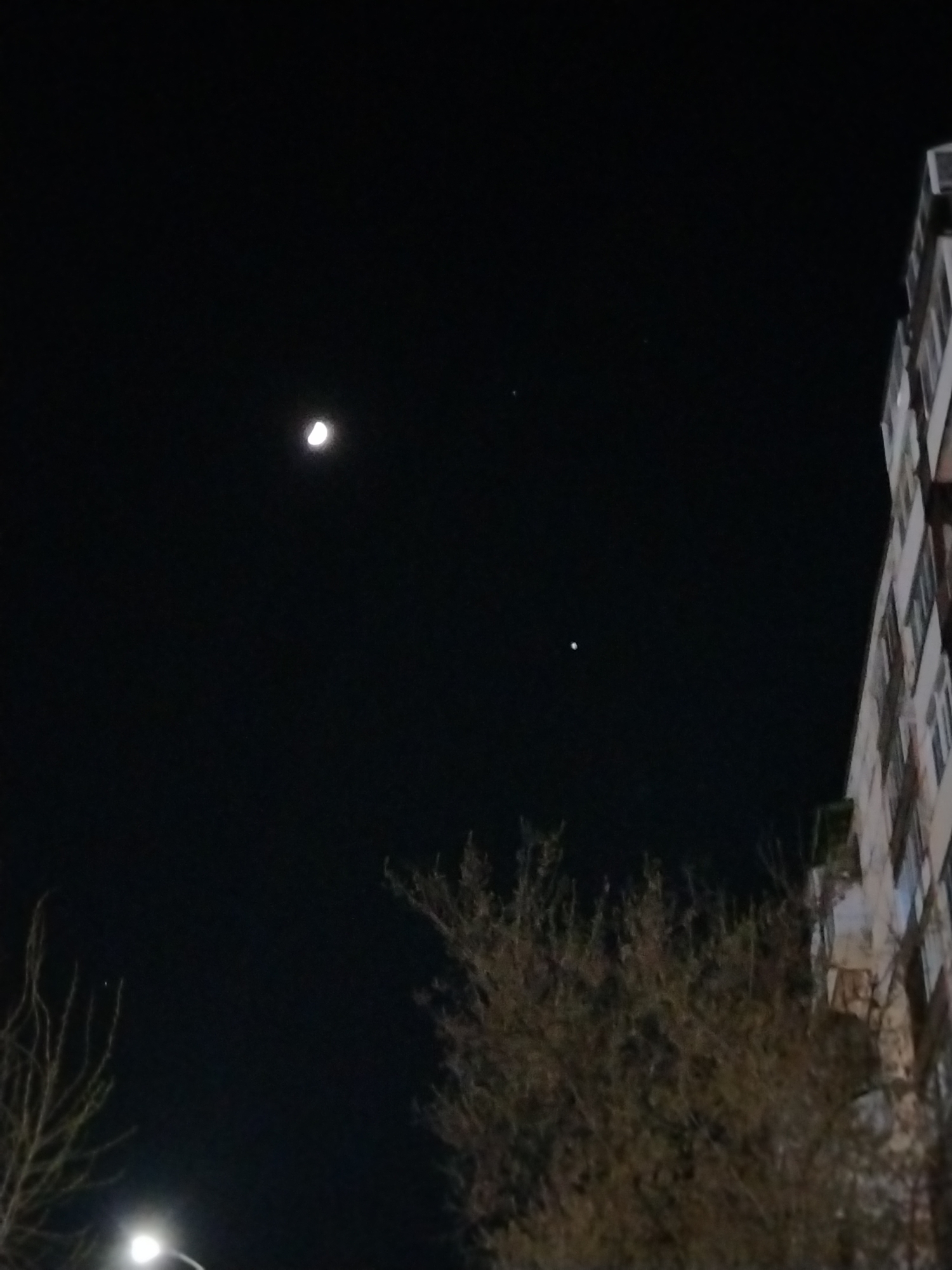 The image depicts a night scene in Izhevsk, Russia. A crescent moon is visible in the upper left quadrant of the frame. Below and to the right of the moon, a bright celestial object, possibly a planet or star, shines. The sky is dark.
In the lower portion of the image, leafless trees are silhouetted against the night. At the bottom left corner is a street lamp. A tall building is partially visible on the right side, its windows reflecting light. The overall impression is one of urban nighttime with astronomical features visible in the sky.