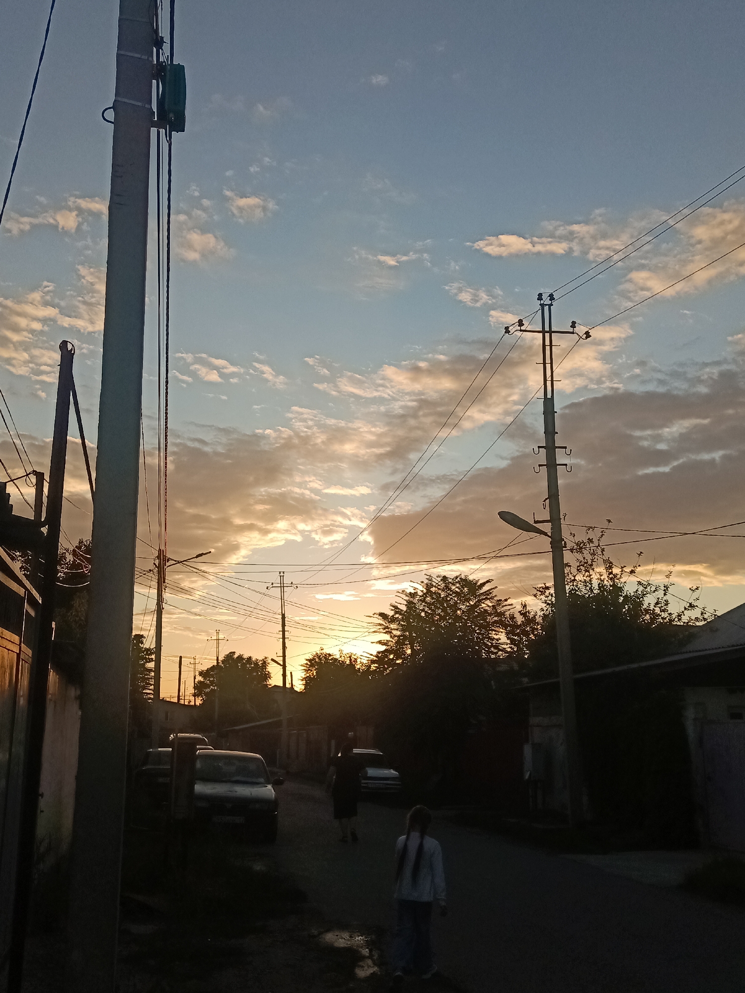 The image captures a street scene at dusk in Shymkent, Kazakhstan. The sky is filled with a mix of blue and orange clouds, indicating the sunset. Multiple utility poles with power lines crisscross the frame, dominating the upper portion of the image and casting shadows on the street below. In the mid-ground, several cars are parked on the side of the road, partially obscured by darkness. Two individuals are visible: a person in the mid-ground walking away from the camera, and a child with braided hair in the foreground walking towards the right side of the frame. The street itself appears to be paved, with some puddles or wet patches indicating recent rain or moisture. The surrounding buildings are mostly dark silhouettes, with faint details suggesting residential structures. The overall atmosphere is one of an ordinary urban evening, illuminated by the fading light of the day.
