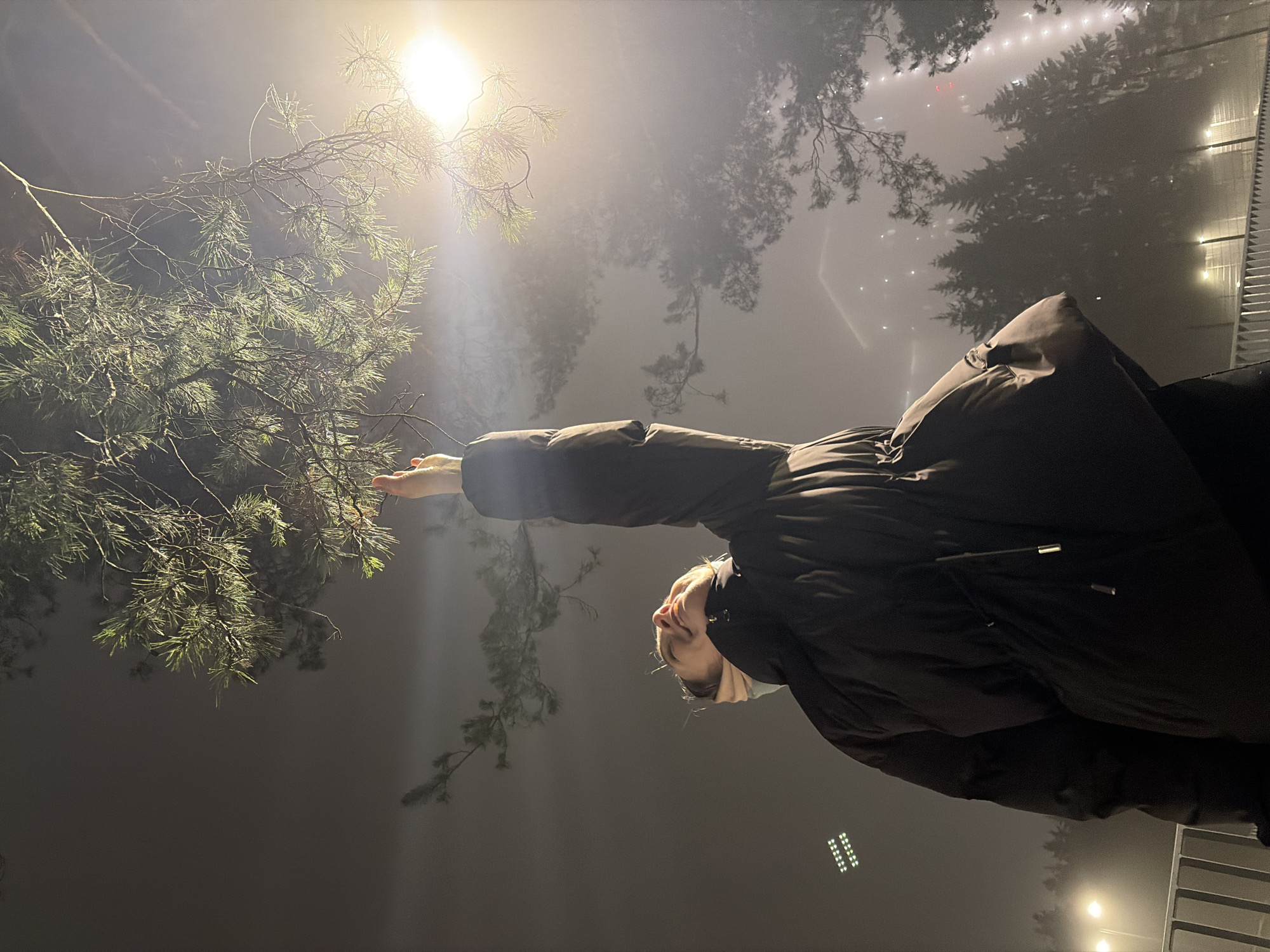 The image shows a person in Izhevsk, Russia, at night. The person is wearing a dark-colored, possibly black, winter coat and a white face mask. They are reaching towards a pine tree branch that is illuminated by a bright light source. The background is foggy and shows other trees, fences, and lights, suggesting an outdoor, possibly park or wooded, area in the city. The orientation of the picture is at an angle.