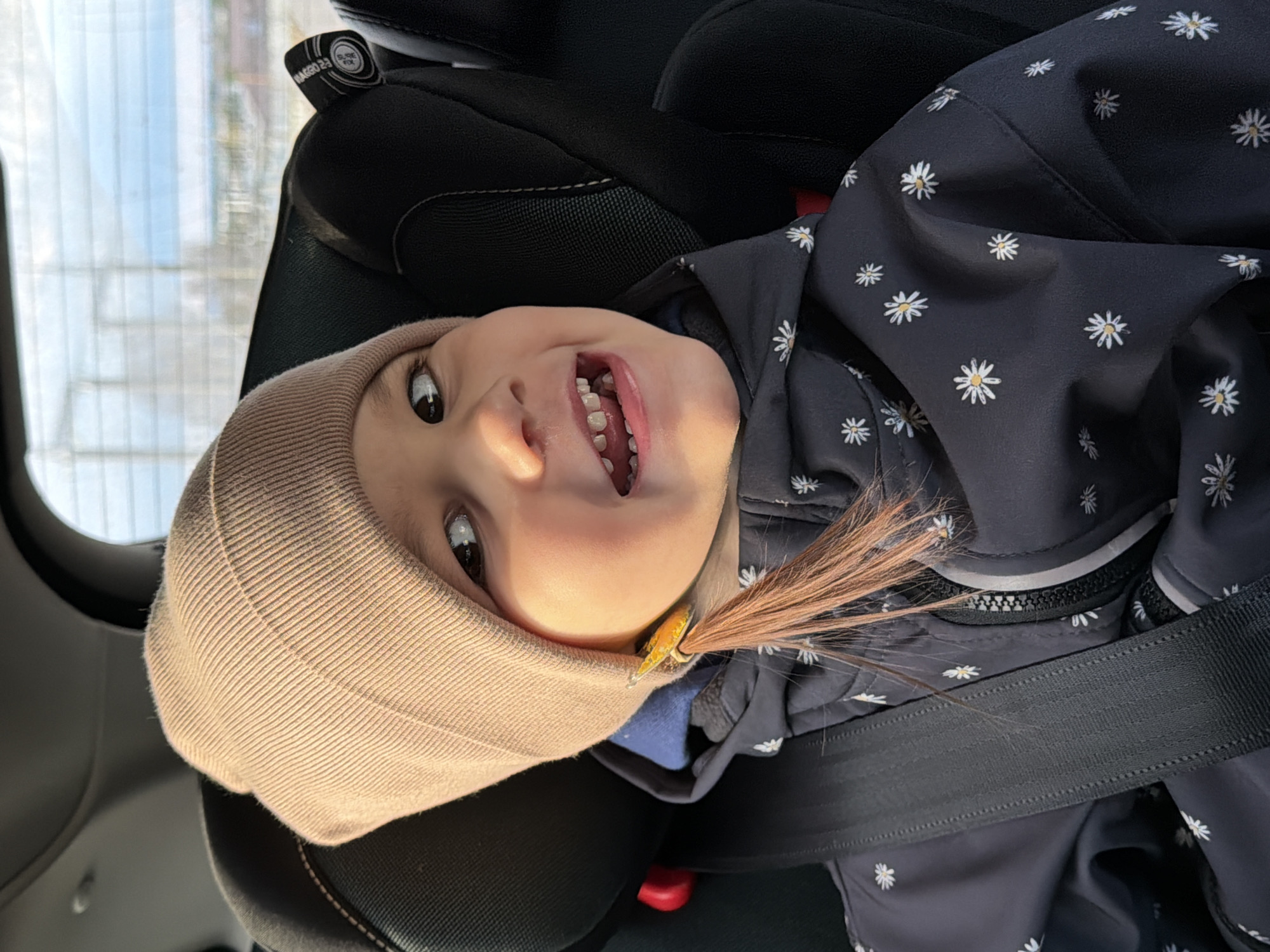 A young child is captured in a vibrant portrait, seated and secured in a black car seat inside a vehicle, likely in Chaikovsky, Russia. The child, appearing to be a toddler or preschooler, wears a light beige ribbed beanie and a dark blue or black jacket adorned with a cheerful white and yellow daisy pattern. A small, decorative orange-yellow clip holds a lock of the child's light brown hair near their ear.
The child looks directly at the camera with wide, dark eyes and a broad, open-mouthed smile, revealing a full set of teeth. Their expression conveys joy or excitement. Bright sunlight illuminates the child's face from one side, suggesting it is daytime and possibly sunny.
In the background, a blurred window shows bright outdoor light and indistinct shapes, indicating movement or an exterior scene. Visible text on a car seat label or strap partially reads "HAGGEL 23" and "SURE FIX." A thick black seat belt crosses the child's chest, ensuring safety during travel. The car seat itself is black with some red accents visible, such as a release button.