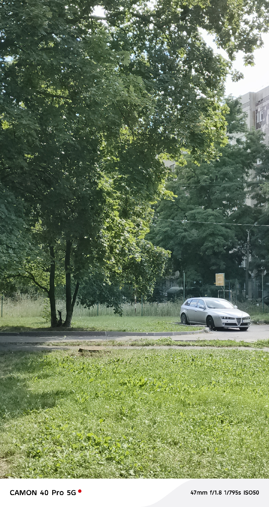 A silver station wagon is parked on the side of a road in a residential area. The car is facing left and is partially obscured by a tree. The road is asphalt and there is a sidewalk on the right side of the road. In the background, there are buildings and trees. The sky is visible and it is a clear day. The image is taken from a low angle and the car is in focus. The text at the bottom of the image reads "CAMON 40 Pro 5G" and "47mm f/1.8 1/795s ISO50".