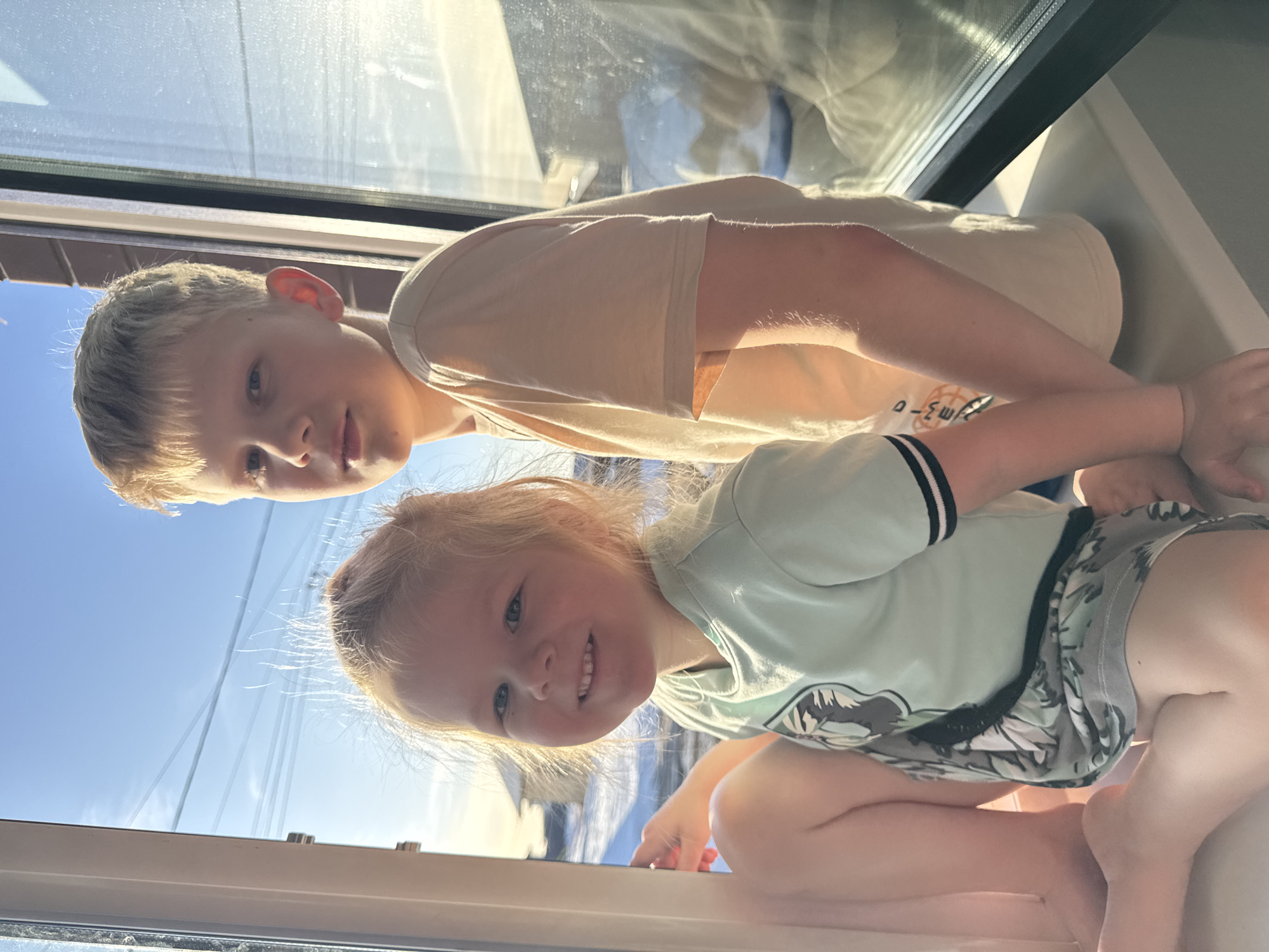 The image captures two young children, a boy and a girl, appearing to be siblings, posed playfully near a window on a bright, sunny day. The image is rotated 90 degrees clockwise, so the children are looking towards the left side of the frame, and the sky is at the bottom.
The boy, positioned slightly behind and to the left of the girl (when viewed upright), has short, light blonde hair. He is wearing a plain, light-colored short-sleeved t-shirt, possibly beige or light yellow. He looks directly at the camera with a gentle, soft smile. Faint details, possibly graphics or text like "O-3-E", are barely visible on the front of his shirt.
The girl, in the foreground and to the right, has light blonde or light brown hair, with some wispy strands catching the sunlight. She is wearing a light mint green or pale blue short-sleeved t-shirt featuring a dark graphic design on the front, possibly an animal or an abstract shape. Her right sleeve has a distinct black and white striped cuff. She is also wearing patterned shorts, which appear to have a grey, black, and white camouflage-like or floral design. She has a wide, beaming smile, showing her teeth, and is looking directly at the camera with a joyful expression.
Both children have fair skin, which is illuminated by strong, warm sunlight, creating highlights on their hair and faces. They appear to be sitting or crouching on a window ledge or nearby surface.
Behind them, a large window dominates the background. Through the window, a clear, bright blue sky is visible, stretching across the lower portion of the image. Several thin, dark lines, possibly power lines or telephone wires, are faintly discernible against the sky. The sunlight creates strong reflections and glare on the window pane itself. The window frame appears to be dark and metallic. Below the children, there is a light-colored surface, likely a wall or an interior part of the window structure.
The overall atmosphere of the image is cheerful and bright, indicative of a pleasant, sunny daytime. Both children convey happiness and engagement with the camera.