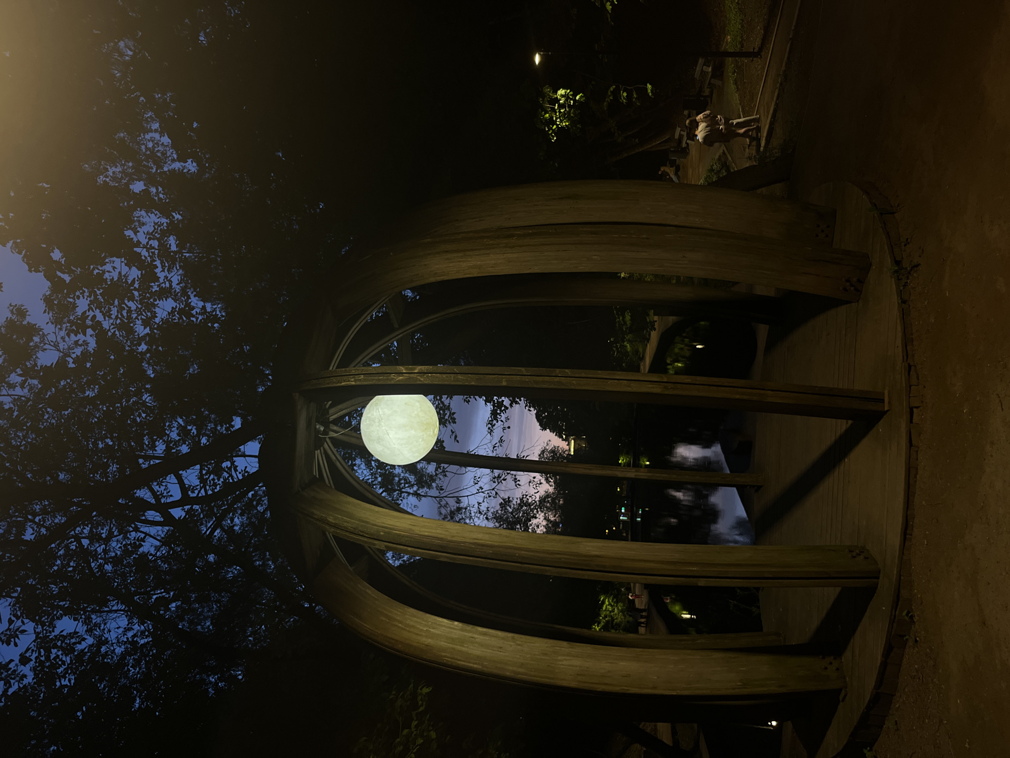 The image shows a nighttime scene in a park, likely in Moscow, Russia. The focal point is a circular wooden structure, possibly a gazebo or artistic installation, with a glowing spherical light fixture suspended in the center. Outside the structure, there's a tree on the left and a dark walkway. Two people appear to be sitting or lying down on a bench in the distance, visible through the structure's frame. The overall lighting is low, with the spherical light providing the main illumination. There's also a faint glow reflecting on a body of water visible behind the structure.
