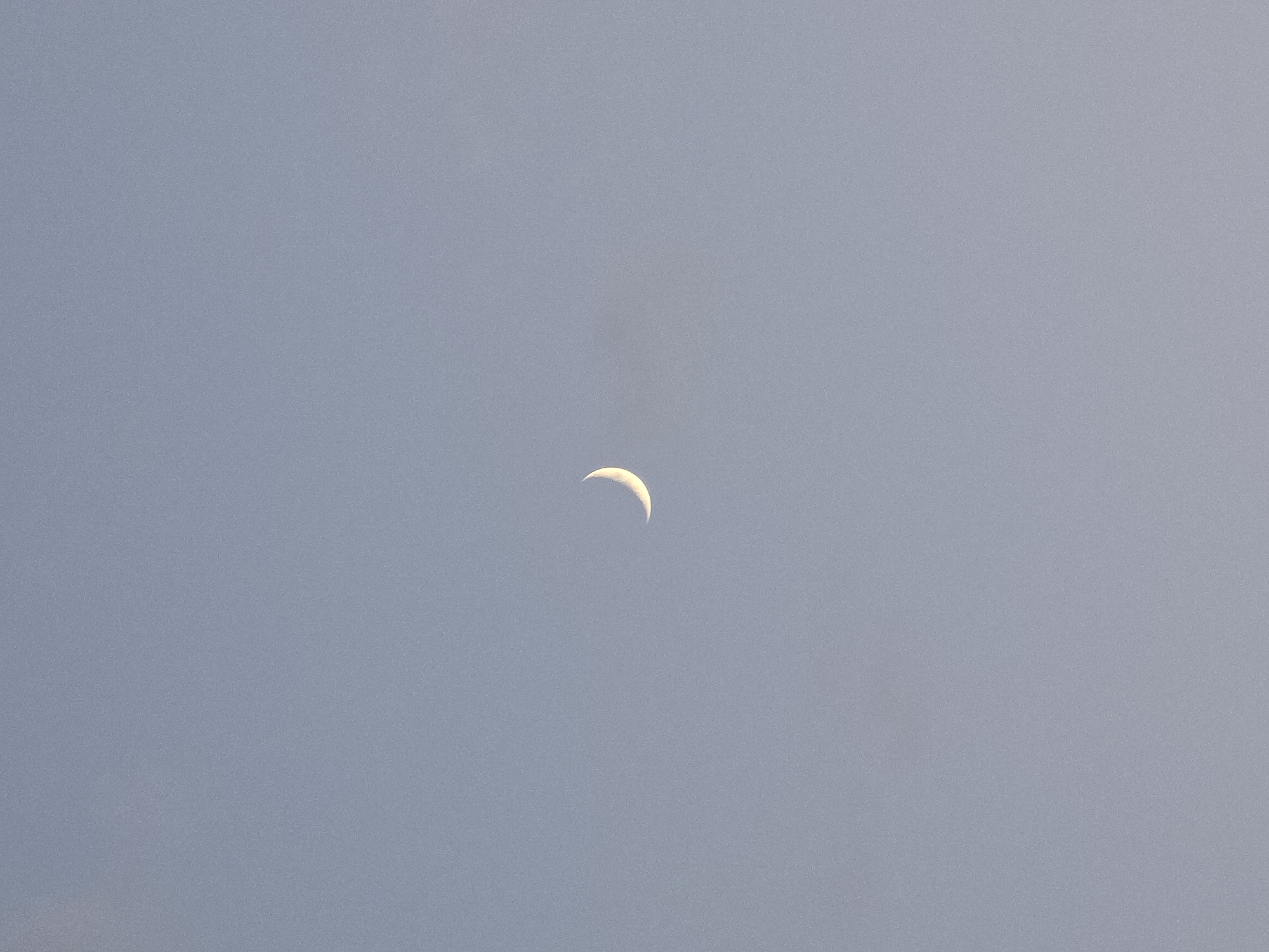 The image shows a crescent moon in a pale blue sky. There are no people or other objects visible. The scene is a natural outdoor environment. The location is not specified in the image.