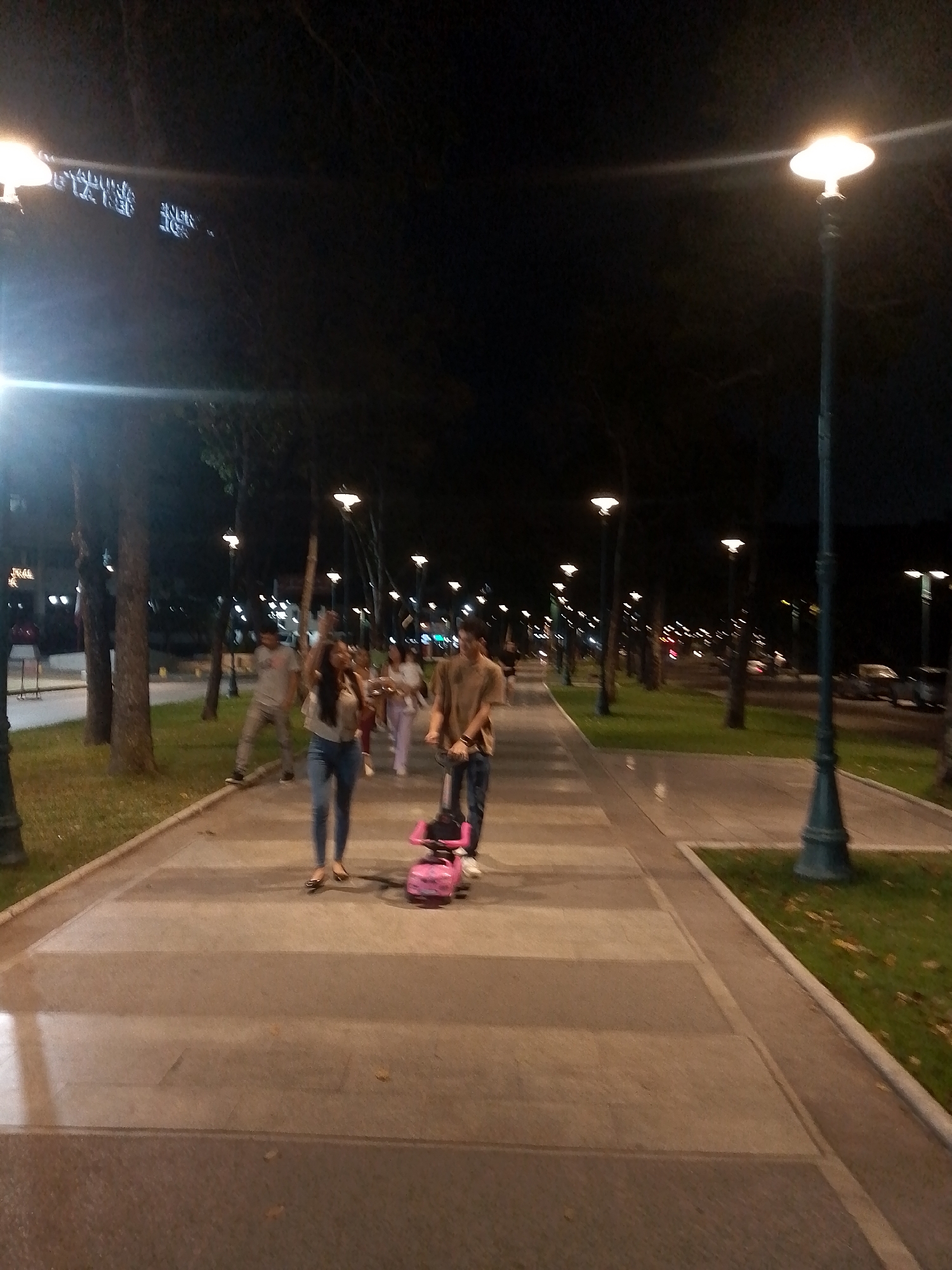 The image shows a pedestrian walkway in Caracas, Venezuela, at night. A group of people are walking on the walkway, illuminated by streetlights. A man is pulling a child's pink toy car. The pathway is lined with grass and trees, and street lights are spaced along the path. Cars can be seen on the roadway in the background. There are buildings and street signs in the background.