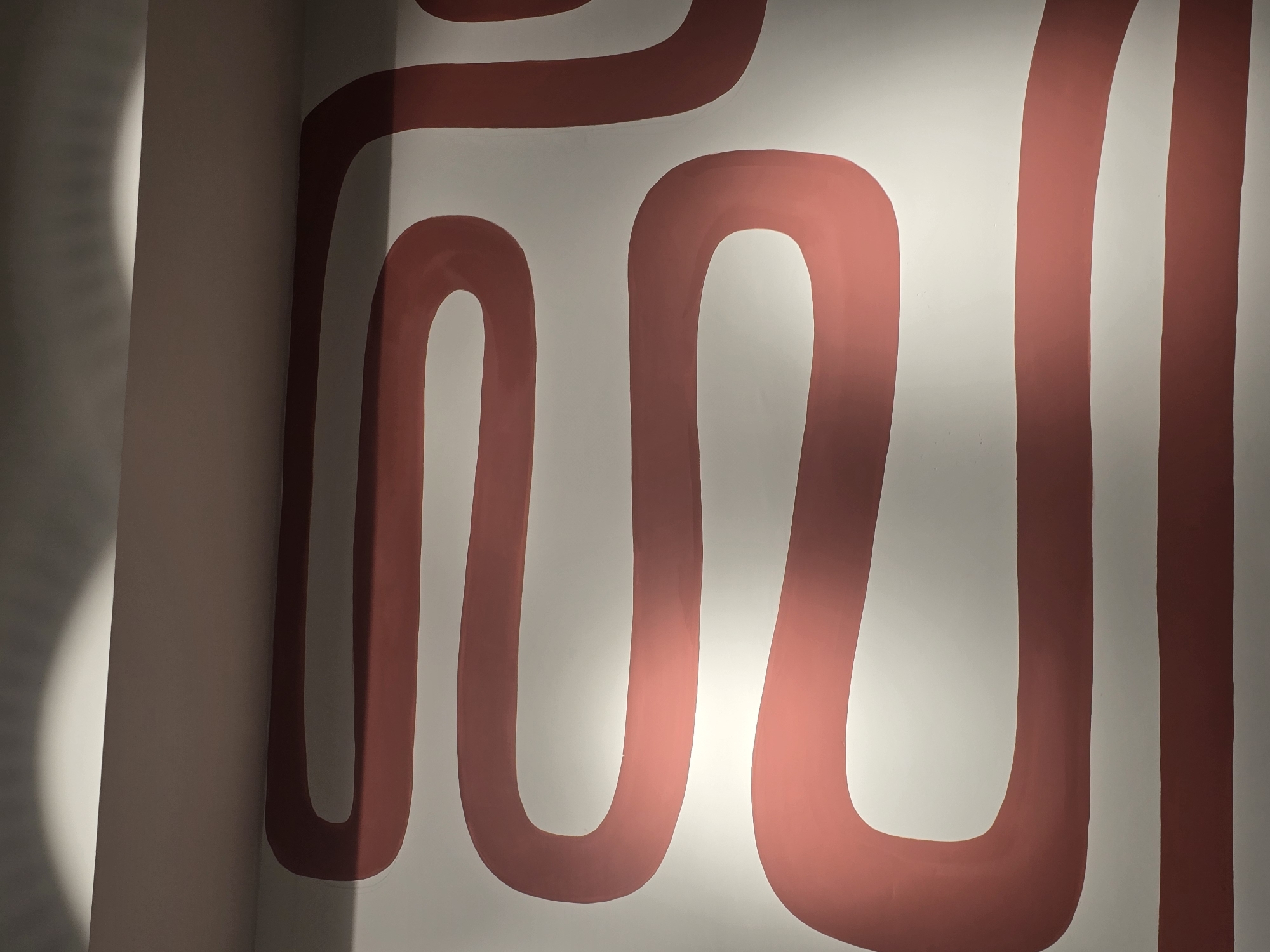 The image shows a wall with a coral-colored, winding stripe pattern. The stripe is thick and has rounded edges, resembling a thick ribbon or a simplified maze. The background of the wall is white. There are shadows cast from the top of the image, suggesting overhead lighting. The pattern appears to be a decorative element on the wall. There are no people, animals, or other objects visible in the image. The location is not specified in the image or the provided crops.