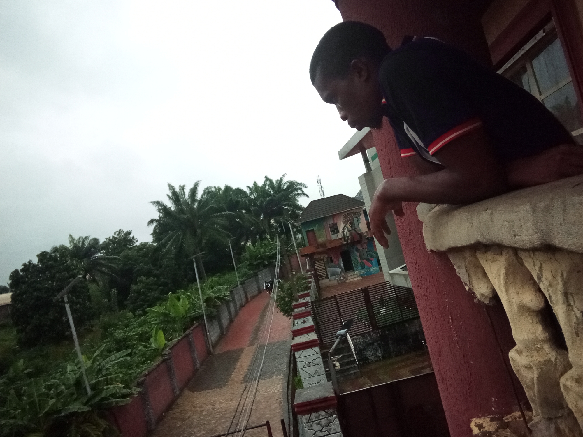 A medium shot, taken from a slightly elevated angle, captures a Black man leaning over a red-maroon colored balcony railing. He is looking downwards, towards the left of the frame. The man is wearing a dark blue t-shirt with red and white stripes on the collar. He is positioned in the foreground, with his right arm resting on the concrete railing, and his left arm bent at the elbow, with his hand visible.
Behind him, a slightly out-of-focus background reveals a courtyard with a red-paved walkway lined with a red and gray patterned wall. Further in the distance, palm trees and lush green vegetation dominate the landscape under an overcast sky. A two-story building with colorful murals adorns its exterior is visible on the right side of the walkway, with a metal fence in front of it. Two streetlights are visible along the walkway. The ground appears wet, suggesting recent rain. The overall setting is outdoors, likely in a residential or semi-public area within Amaokpala, Nigeria.