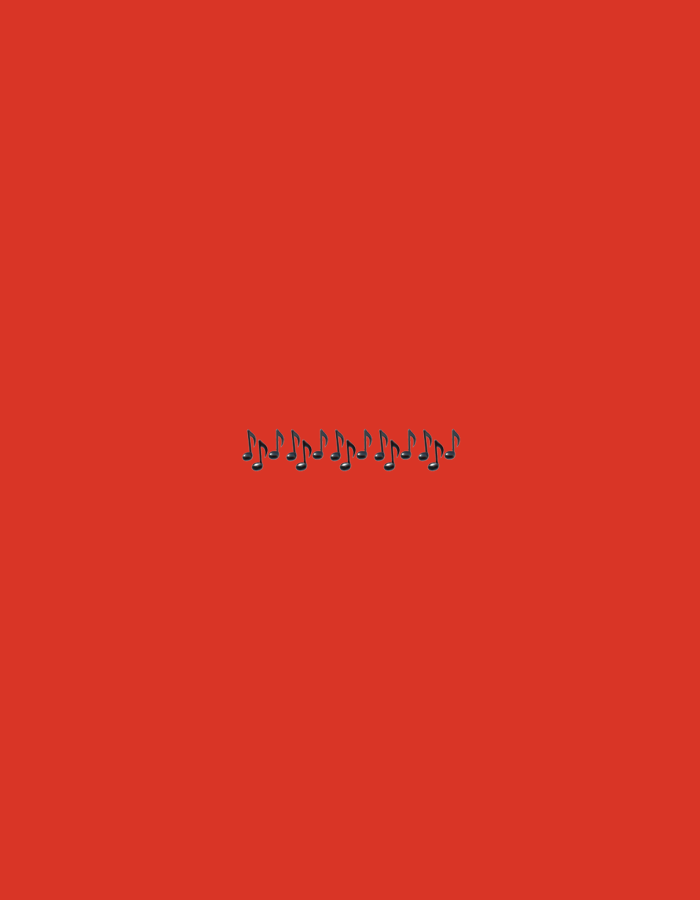 The image displays a plain, vibrant red background. Centered horizontally and vertically in the image is a row of eight identical, stylized musical notes, depicted in a dark gray color with subtle shading to give them a slight three-dimensional appearance. The musical notes are evenly spaced and aligned in a straight line. There is no visible context related to the city of Gorzow, Poland, or any specific location. The scene is devoid of people, actions, or interactions.