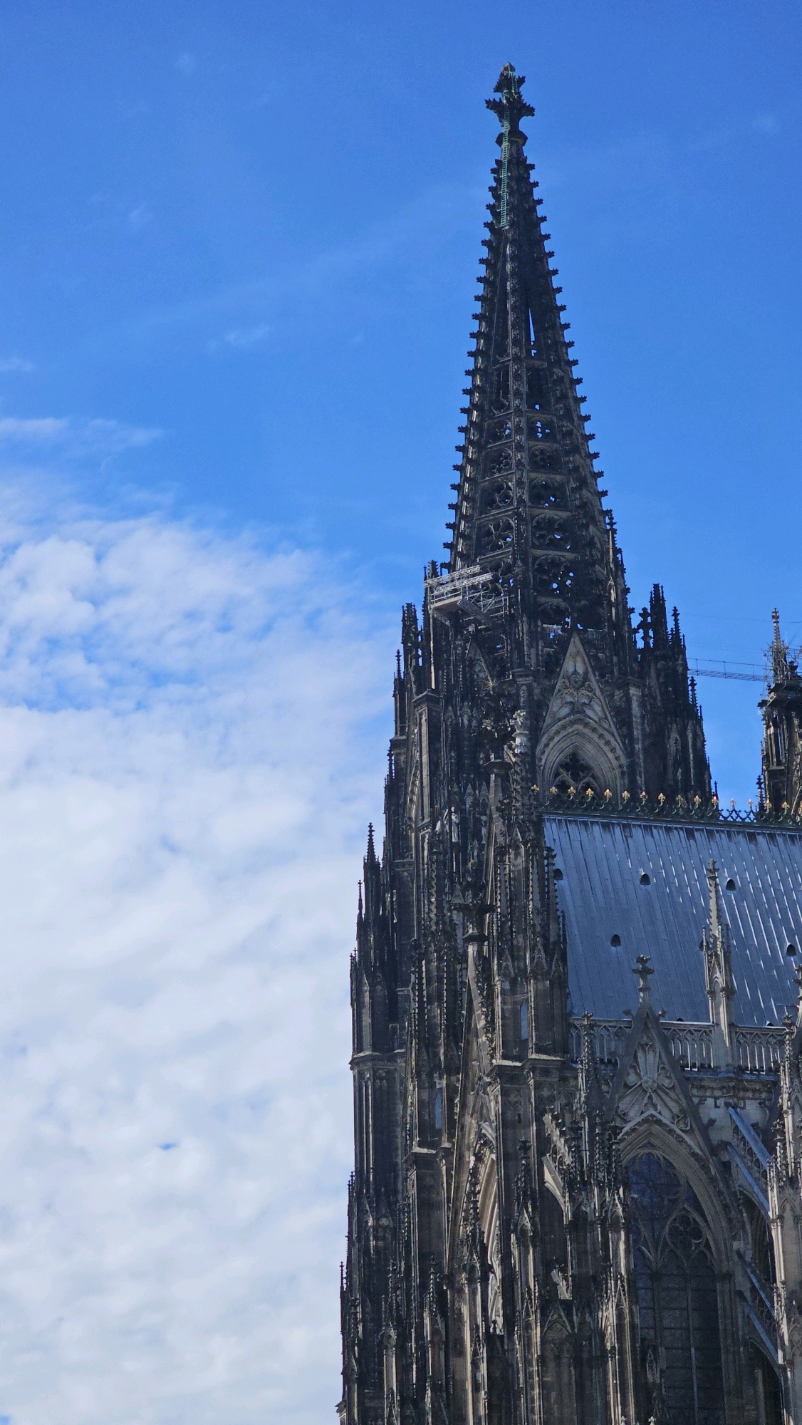 The image shows a close-up, low-angle view of the intricate spires and facade of Cologne Cathedral, also known as Kölner Dom, in Cologne, Germany. The cathedral's dark, gothic architecture dominates the right side of the frame, with its tall, pointed spires reaching towards a bright blue sky filled with scattered white clouds. The detailed stonework, including flying buttresses, gargoyles, and ornate carvings, is visible. A section of scaffolding is present on one of the spires, suggesting ongoing maintenance or restoration work. The sky occupies the left two-thirds of the image, providing a stark contrast to the detailed structure of the cathedral.