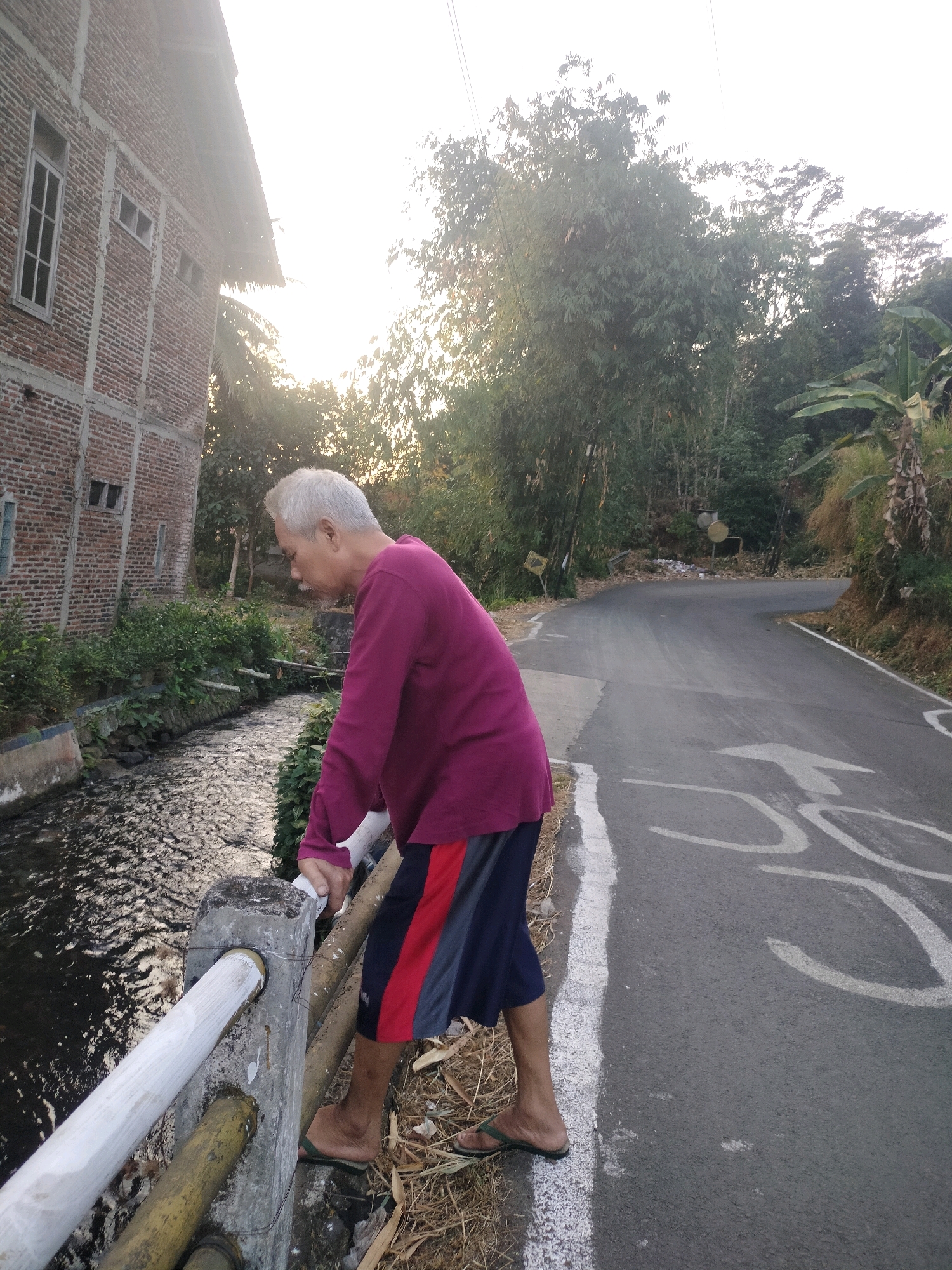 An elderly East Asian man with gray hair stands by a narrow canal on the side of a paved road. He is wearing a long-sleeved magenta shirt and dark blue shorts with red and gray stripes. He is leaning on a white railing, his right hand holding the railing, and his left hand is obscured. His feet are bare, wearing green flip-flops.
The canal is filled with dark, rippling water, bordered by green vegetation on the left and concrete on the right. To the left of the canal, a two-story brick building with white-trimmed windows is visible. The building's exterior has visible cement supports and a partially thatched roof overhang.
The road curves to the right and ascends a hill. White lines are painted on the road, including a bicycle lane marking. The environment is rural, with lush green trees and foliage lining the roadside and the hill. The sky is bright and hazy, suggesting either early morning or late afternoon light.
The scene appears to be located in a rural area, possibly on a street with a small canal, in the city of Pujut, Indonesia, given the context provided. The man seems to be observing the water or the surroundings.