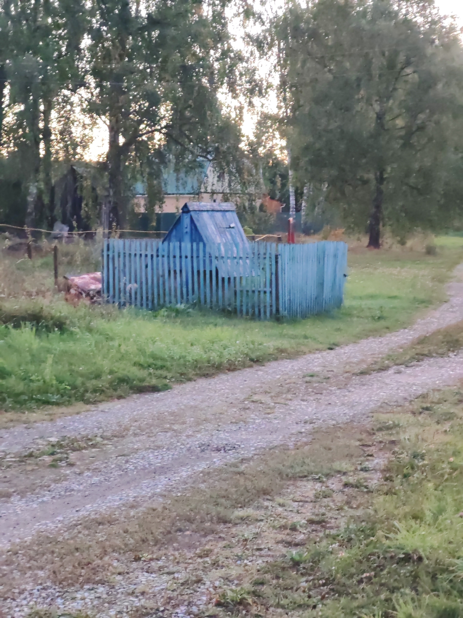 A rural scene in Teshevichi, Russia, features a narrow, gravel-covered road curving to the right, bordered by overgrown green grass and some dry brush. In the mid-ground, a weathered, light blue wooden fence encloses a small, triangular structure with a pitched roof, also painted light blue. Behind the fence, a portion of a building with a green roof is visible through trees. A few scattered trees with green foliage are present, with a brighter sky suggesting it's either early morning or late afternoon. The overall impression is one of a quiet, somewhat unkempt, rural setting.